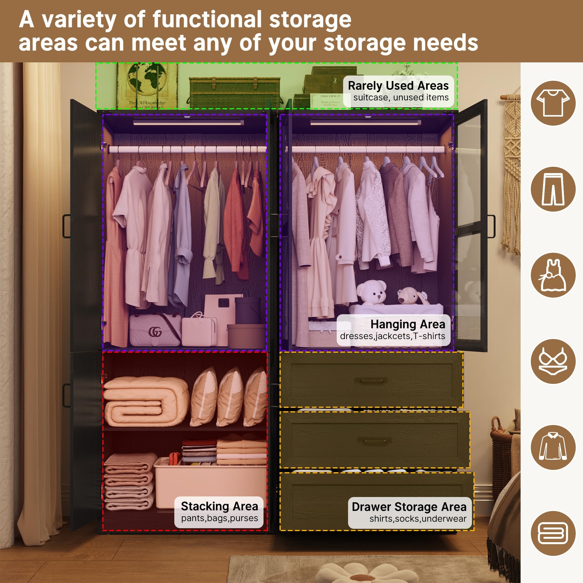 75" H Armoire Wardrobe Closet 6 Doors with LED Lights & 3 Drawers