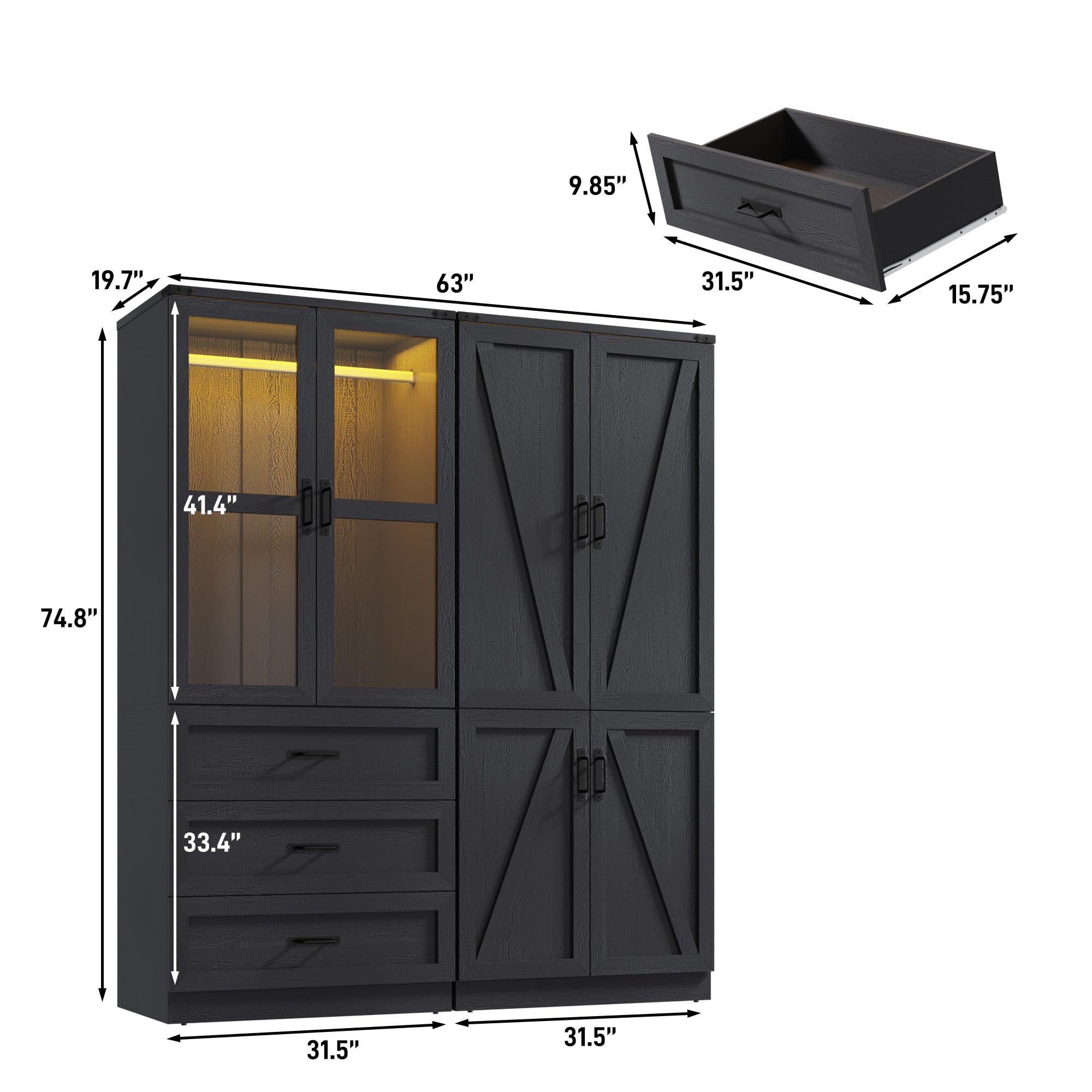 75" H Armoire Wardrobe Closet 6 Doors with LED Lights & 3 Drawers