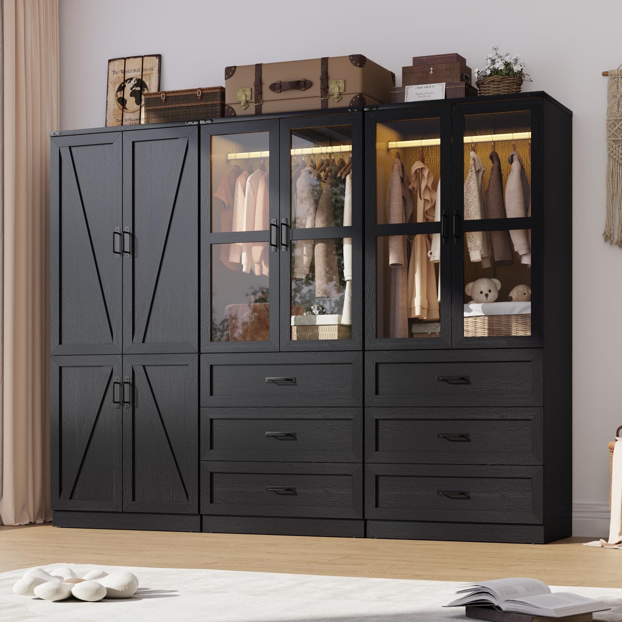 75" H Armoire Wardrobe Closet 6 Doors with LED Lights & 3 Drawers