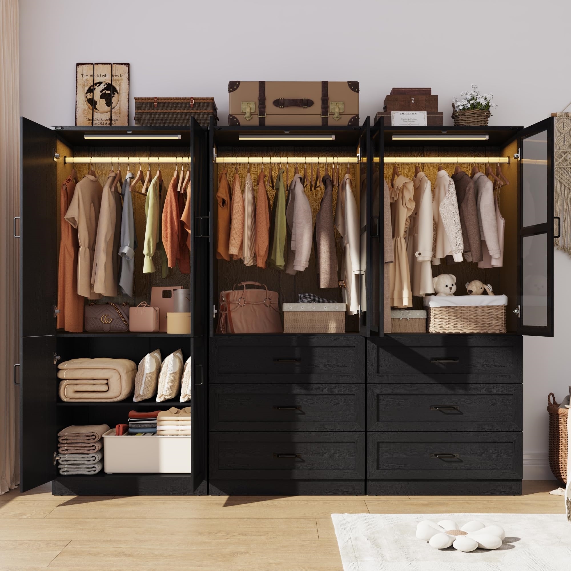 75"H Farmhouse Armoire Wardrobe Set with Drawers and Glass Doors