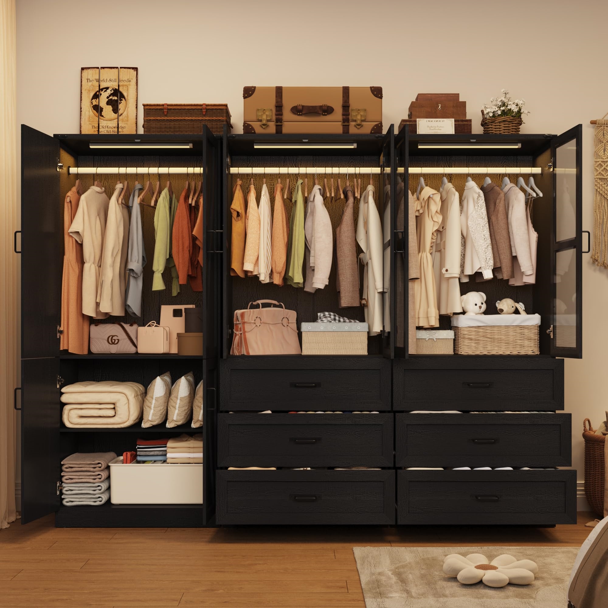 75"H Farmhouse Armoire Wardrobe Set with Drawers and Glass Doors