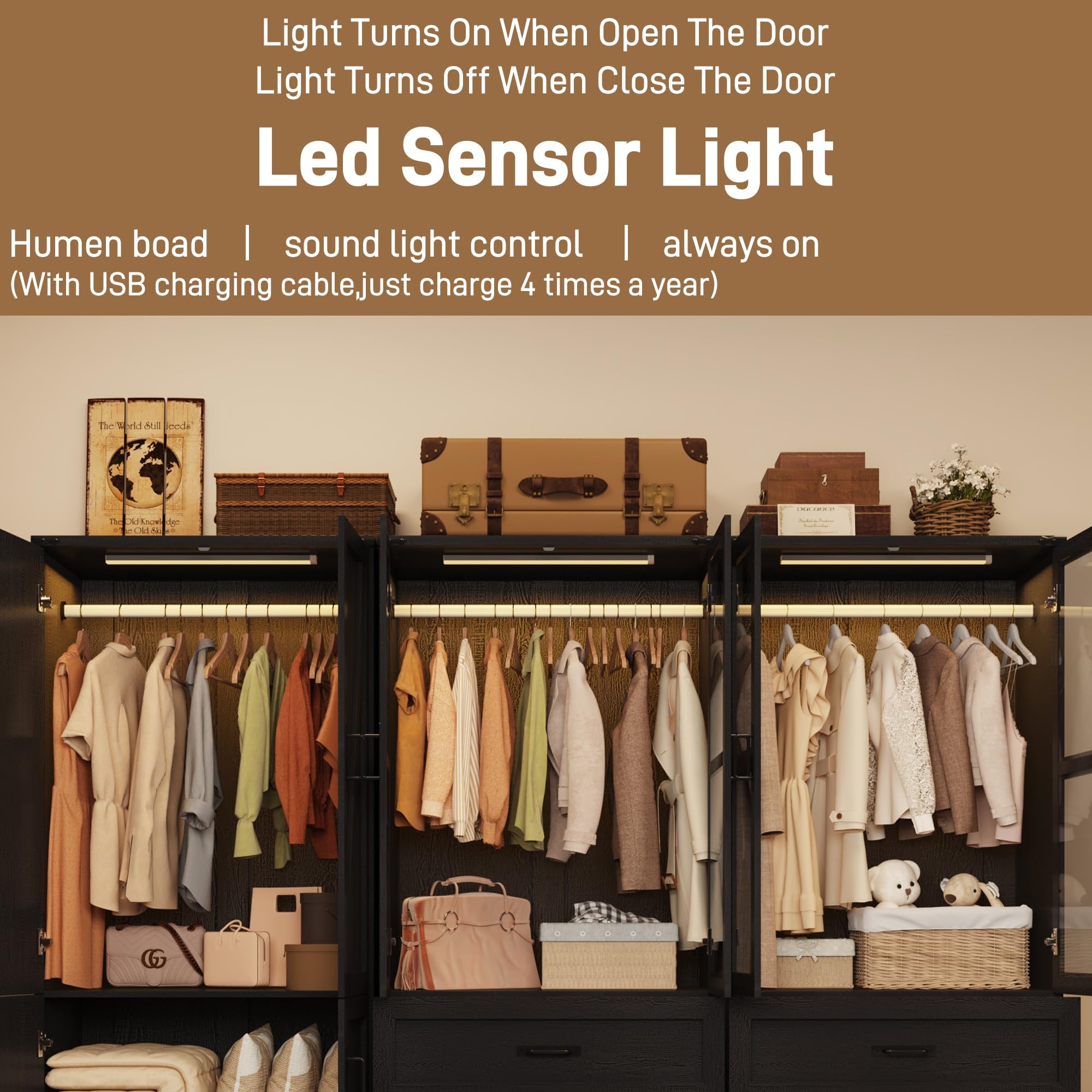 75"H Farmhouse Armoire Wardrobe Set with Drawers and Glass Doors