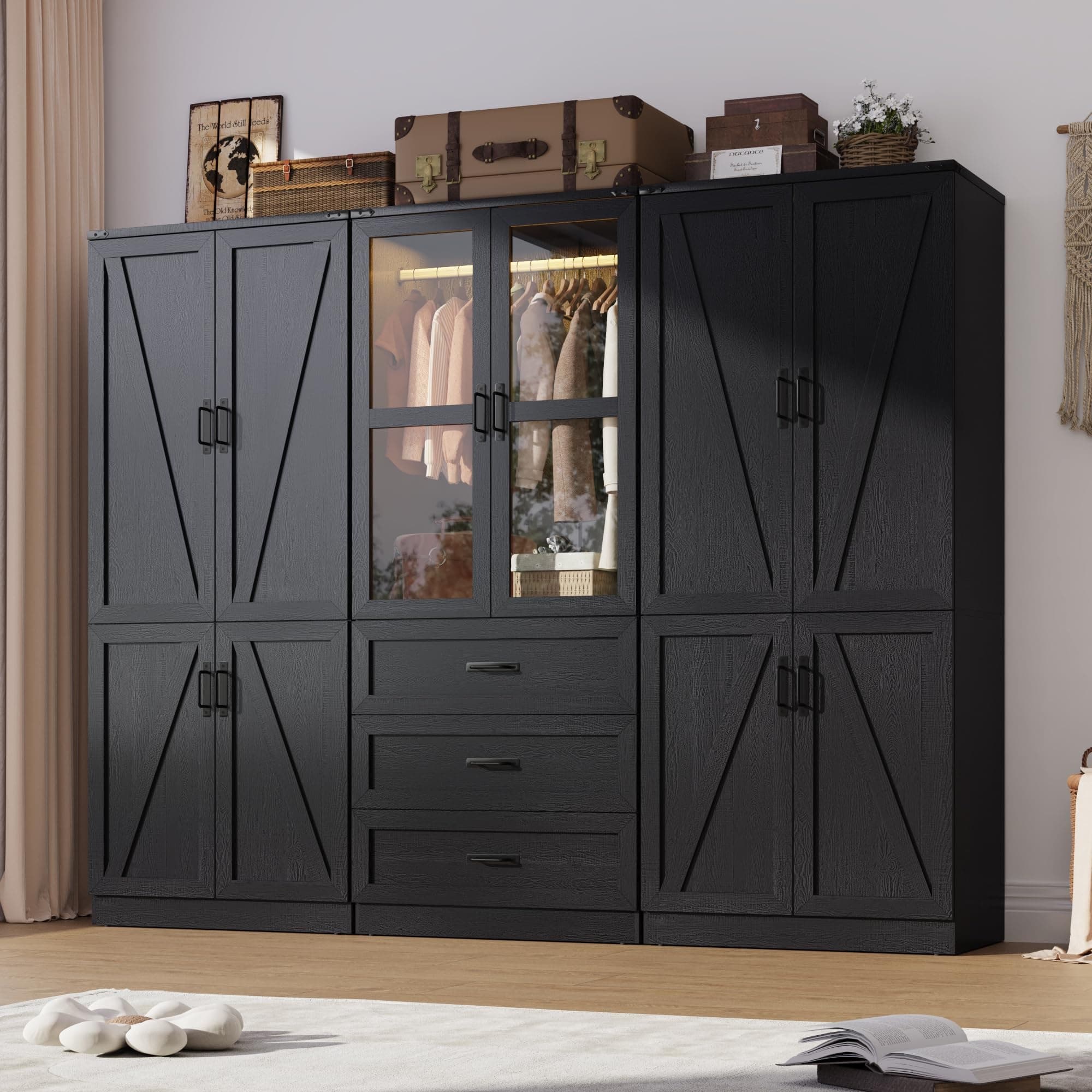 75" H Armoire Wardrobe Closet 6 Doors with LED Lights & 3 Drawers