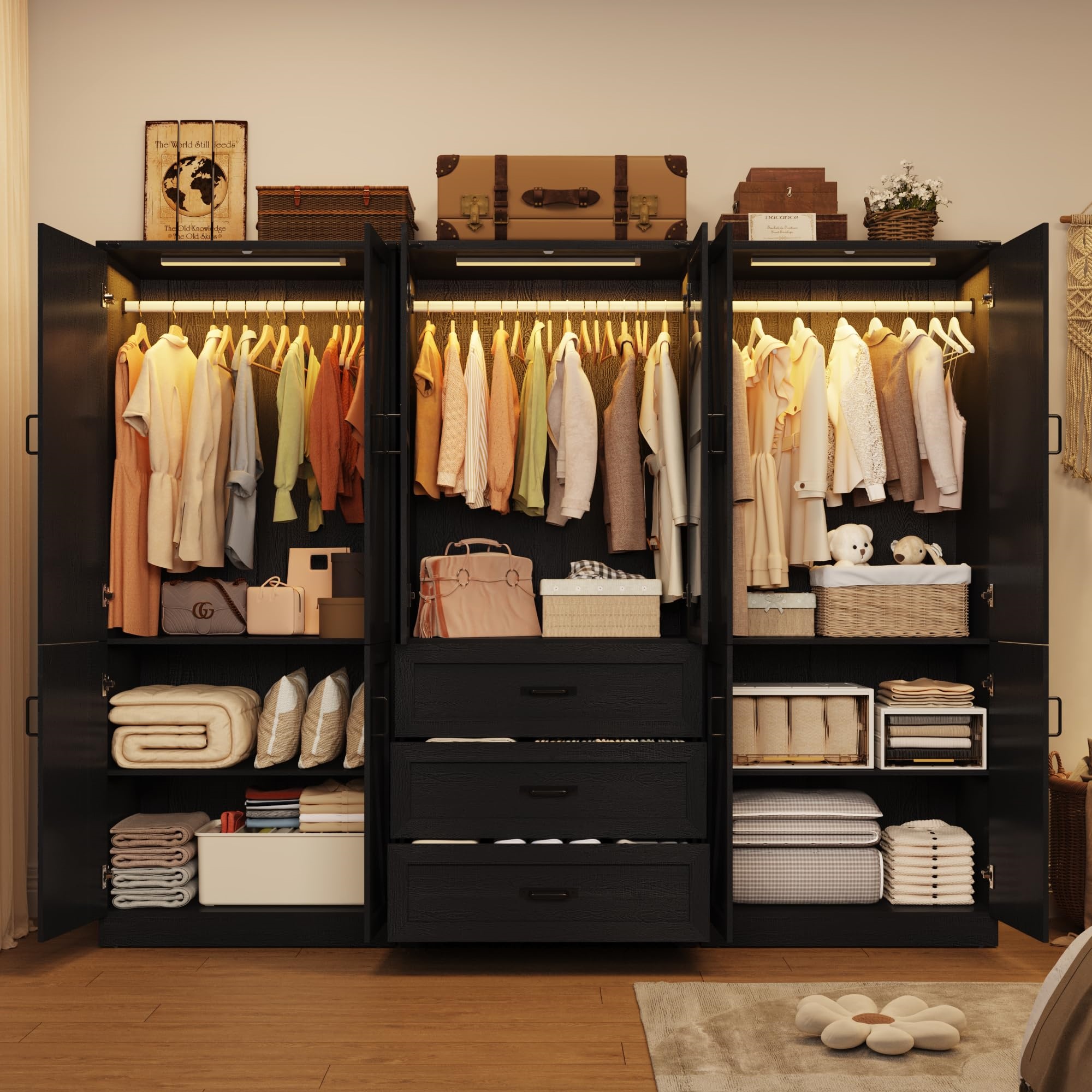 75"H Farmhouse Armoire Wardrobe Set with Drawers and Glass Doors