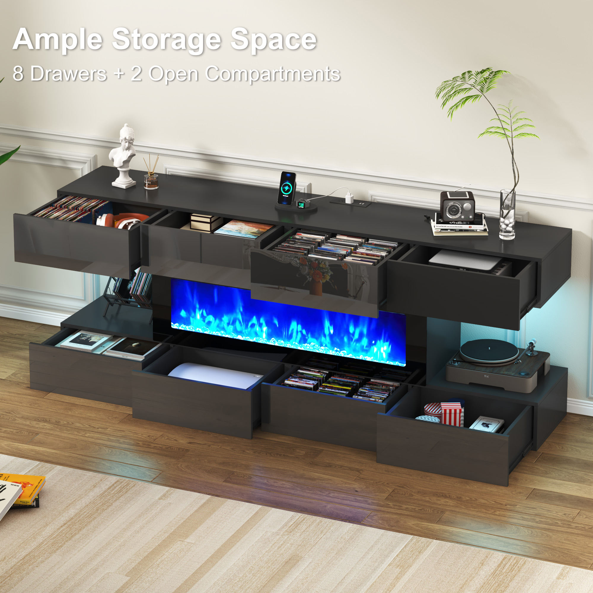 Blotout 82'' Fireplace TV Stand for 85/90''TV with 50'' Fireplace, LED Modern High Gloss Entertainment Center with Power Outlet, TV Console Table with 8 Handleless Storage Drawers, Black