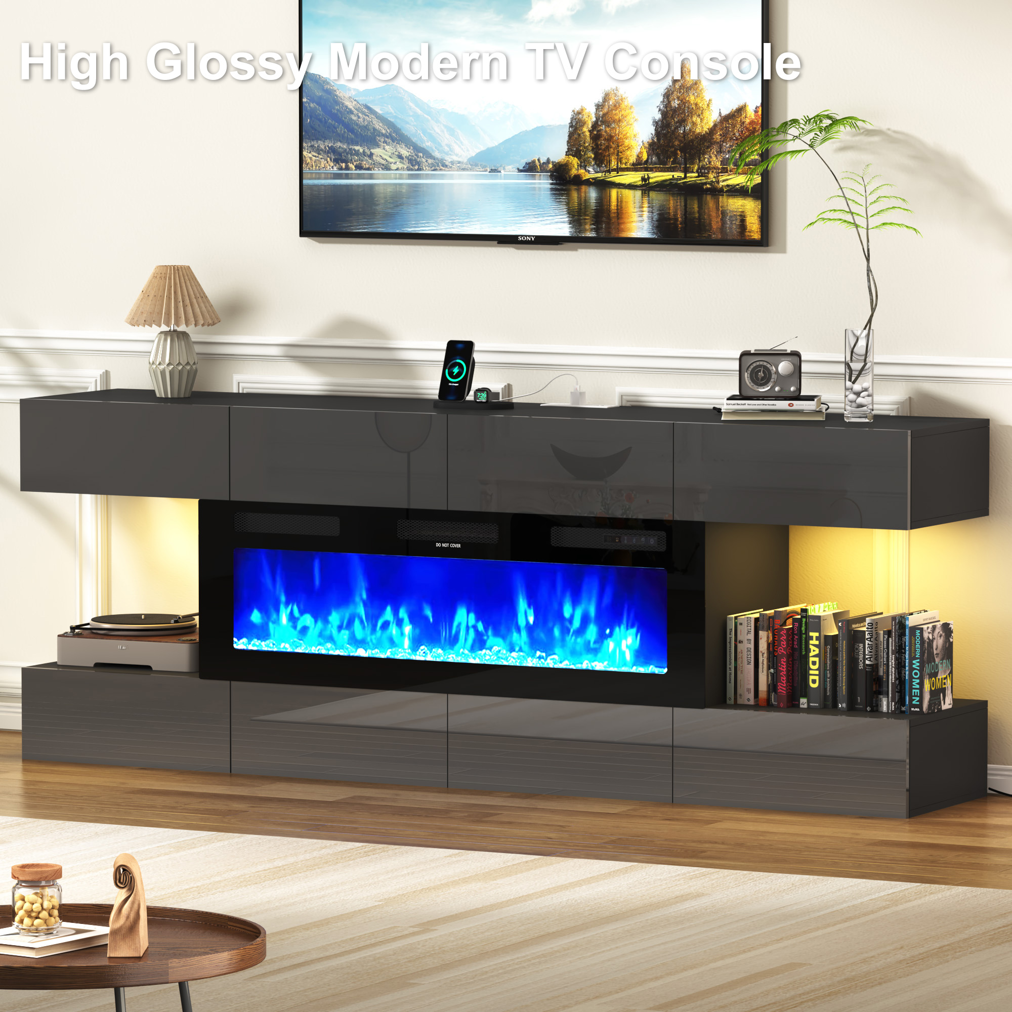 Blotout 82'' Fireplace TV Stand for 85/90''TV with 50'' Fireplace, LED Modern High Gloss Entertainment Center with Power Outlet, TV Console Table with 8 Handleless Storage Drawers, Black