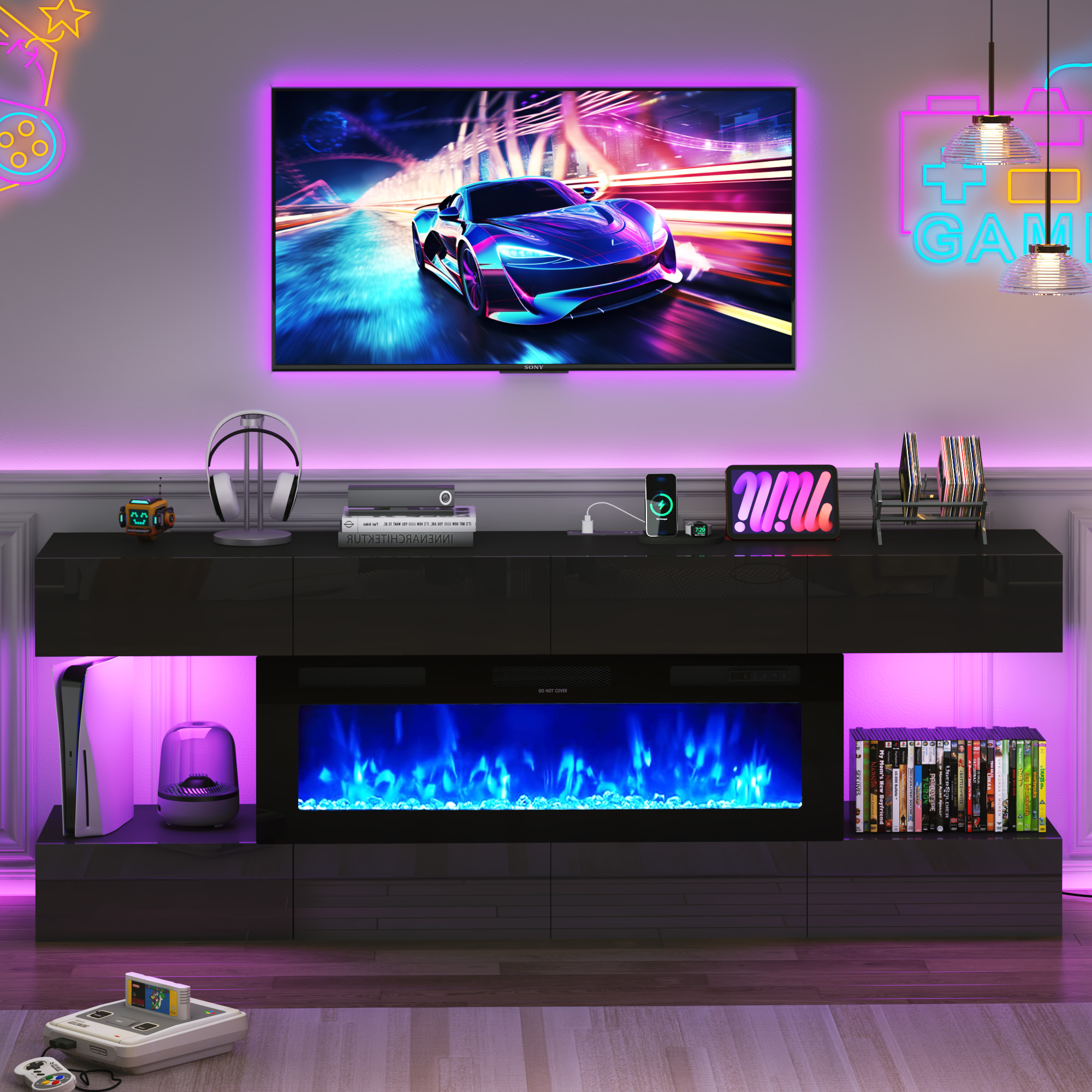 Blotout 82'' Fireplace TV Stand for 85/90''TV with 50'' Fireplace, LED Modern High Gloss Entertainment Center with Power Outlet, TV Console Table with 8 Handleless Storage Drawers, Black