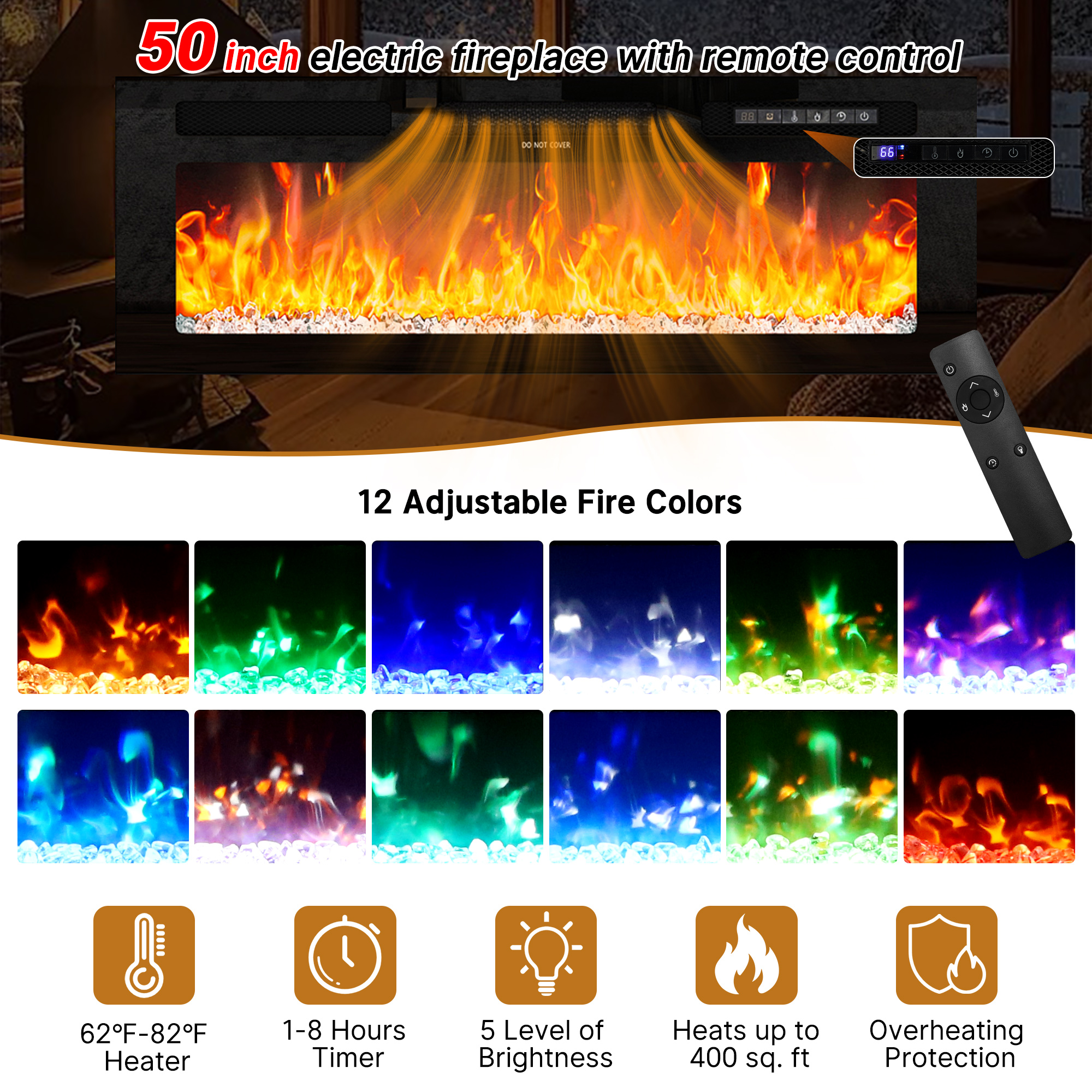 Blotout 82'' Fireplace TV Stand for 85/90''TV with 50'' Fireplace, LED Modern High Gloss Entertainment Center with Power Outlet, TV Console Table with 8 Handleless Storage Drawers, Black