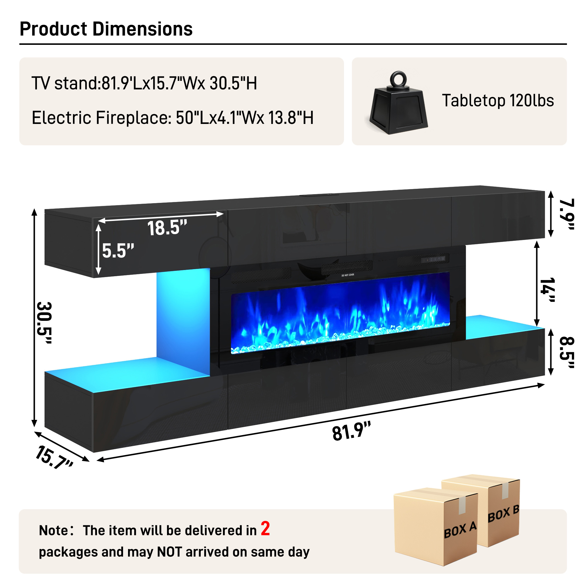 Blotout 82'' Fireplace TV Stand for 85/90''TV with 50'' Fireplace, LED Modern High Gloss Entertainment Center with Power Outlet, TV Console Table with 8 Handleless Storage Drawers, Black