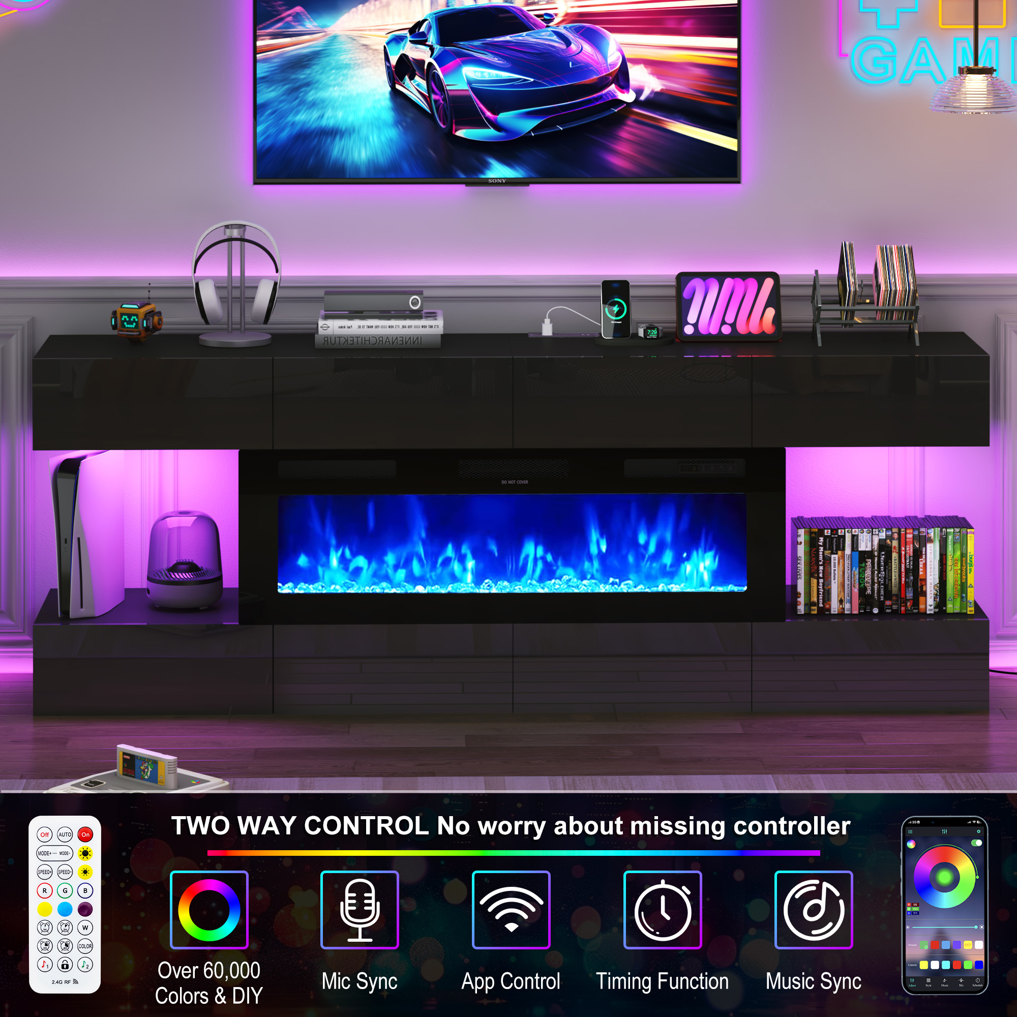 Blotout 82'' Fireplace TV Stand for 85/90''TV with 50'' Fireplace, LED Modern High Gloss Entertainment Center with Power Outlet, TV Console Table with 8 Handleless Storage Drawers, Black