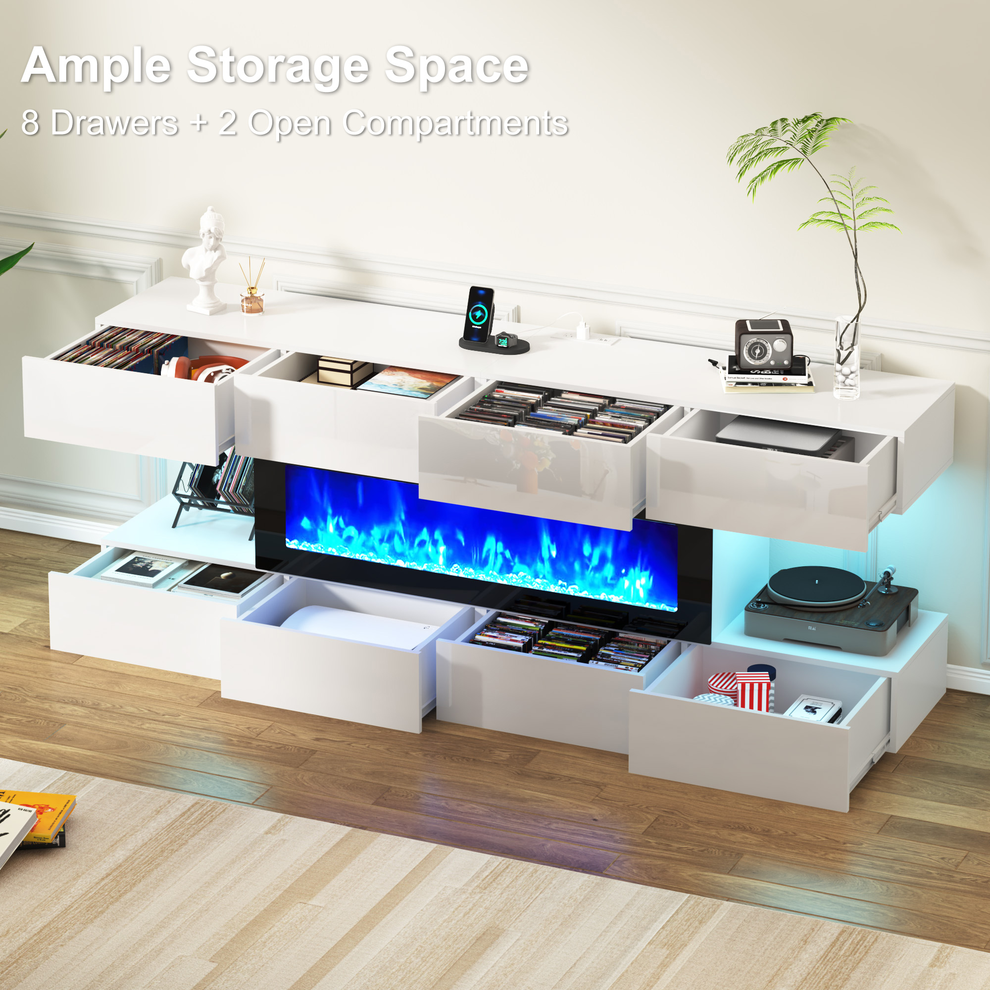 Blotout 82'' Fireplace TV Stand for 85/90''TV with 50'' Fireplace, LED Modern High Gloss Entertainment Center with Power Outlet, TV Console Table with 8 Handleless Storage Drawers, White