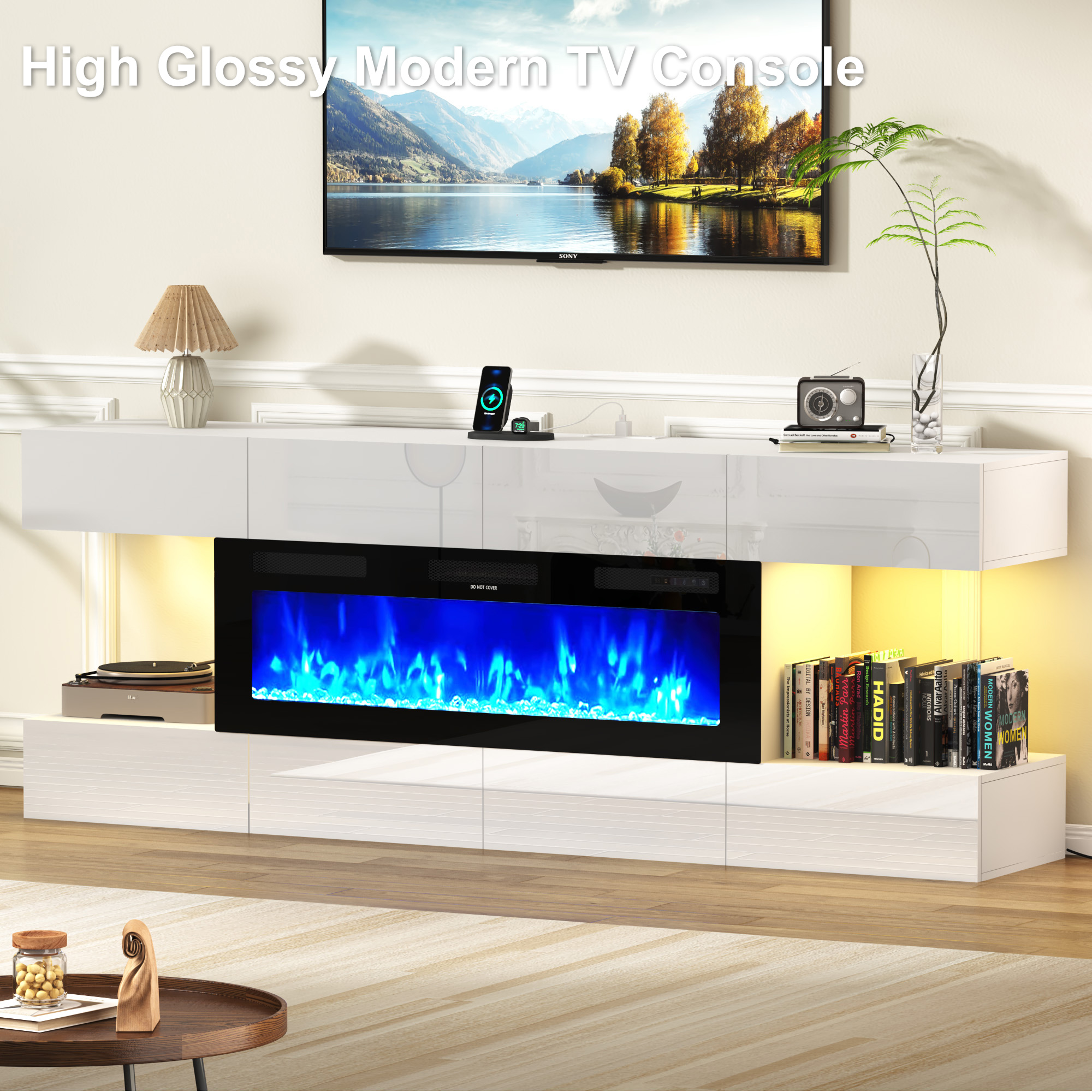 Blotout 82'' Fireplace TV Stand for 85/90''TV with 50'' Fireplace, LED Modern High Gloss Entertainment Center with Power Outlet, TV Console Table with 8 Handleless Storage Drawers, White