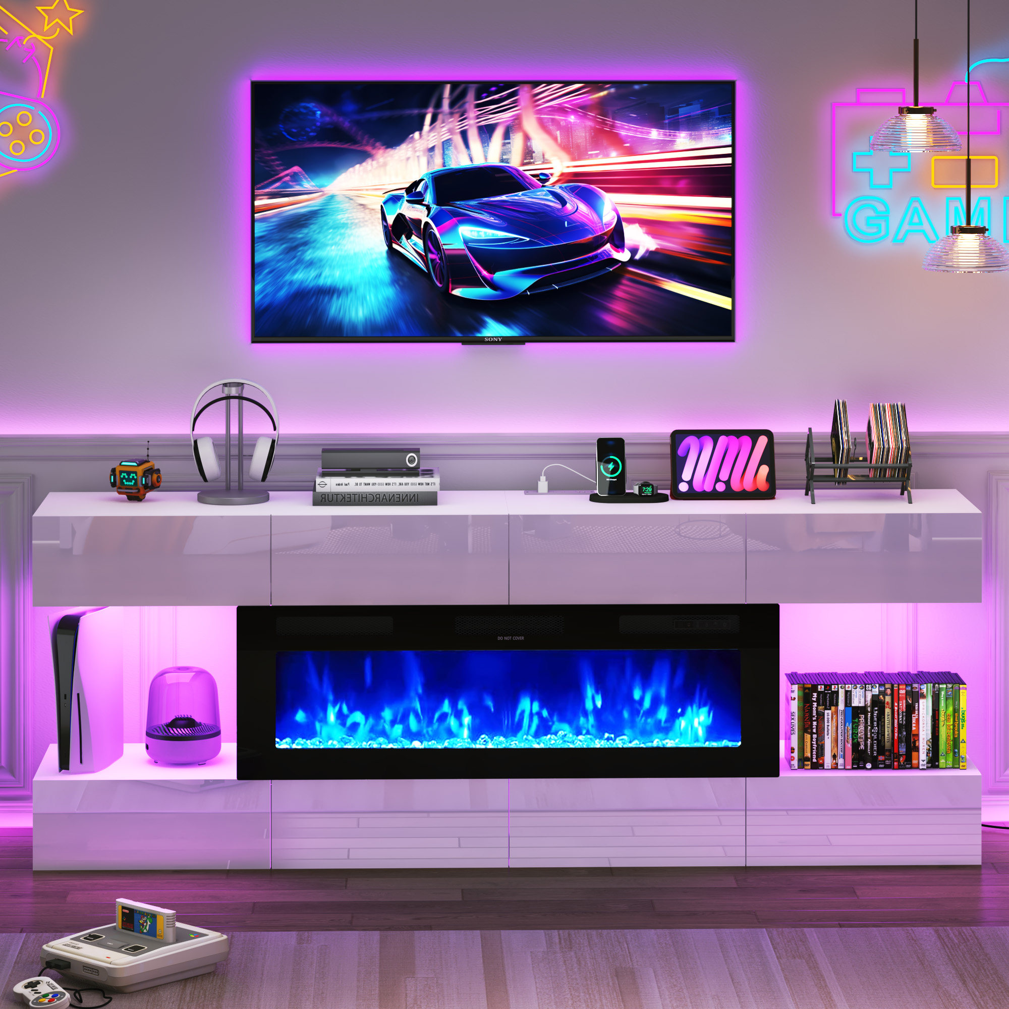 Blotout 82'' Fireplace TV Stand for 85/90''TV with 50'' Fireplace, LED Modern High Gloss Entertainment Center with Power Outlet, TV Console Table with 8 Handleless Storage Drawers, White