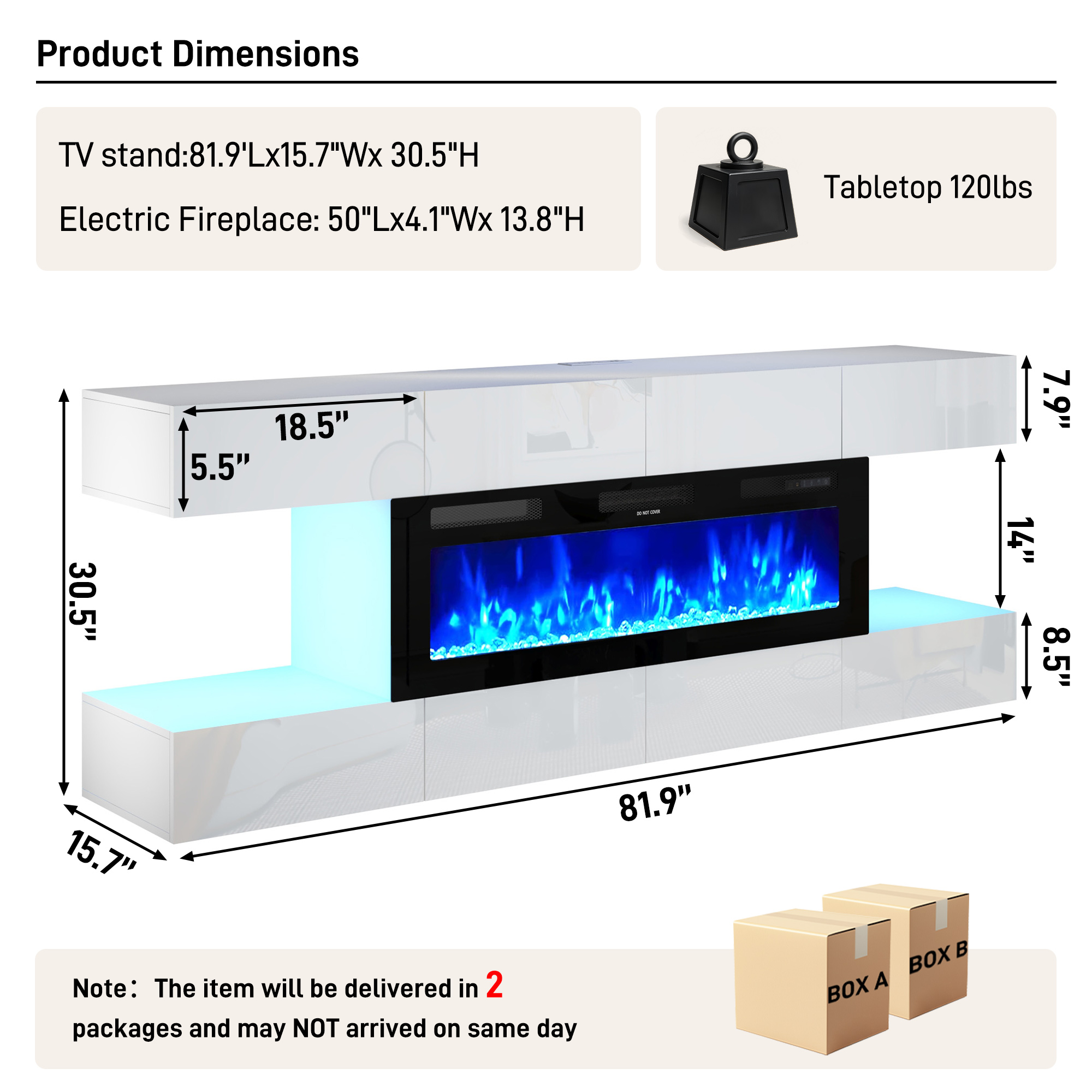 Blotout 82'' Fireplace TV Stand for 85/90''TV with 50'' Fireplace, LED Modern High Gloss Entertainment Center with Power Outlet, TV Console Table with 8 Handleless Storage Drawers, White