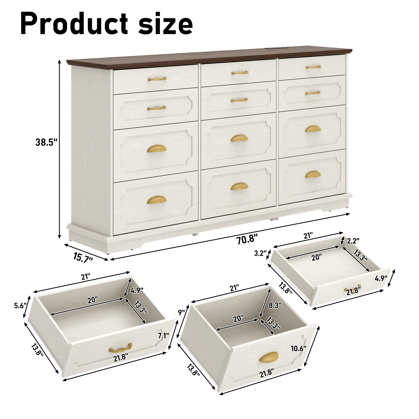 Blotout 70" Large Long Dresser with Deep Drawers, Farmhouse 12 Drawer Dresser for Bedroom, Wide Wood Chest of Drawers with Power Outlets