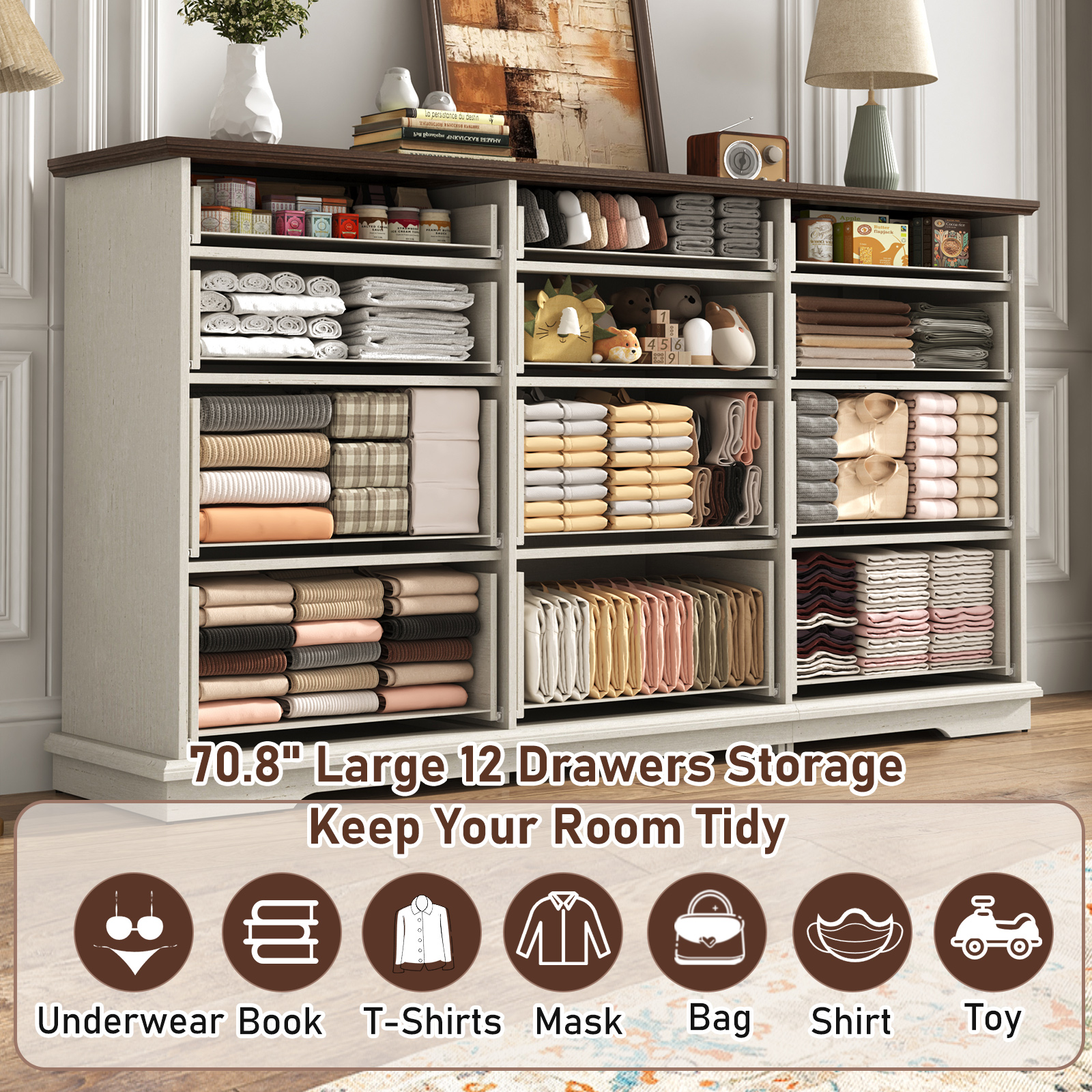 Blotout 70" Large Long Dresser with Deep Drawers, Farmhouse 12 Drawer Dresser for Bedroom, Wide Wood Chest of Drawers with Power Outlets