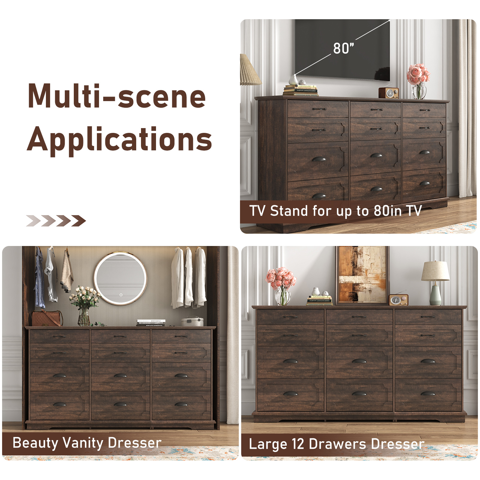 Blotout 70" Large Long Dresser with Deep Drawers, Farmhouse 12 Drawer Dresser for Bedroom, Wide Wood Chest of Drawers with Power Outlets