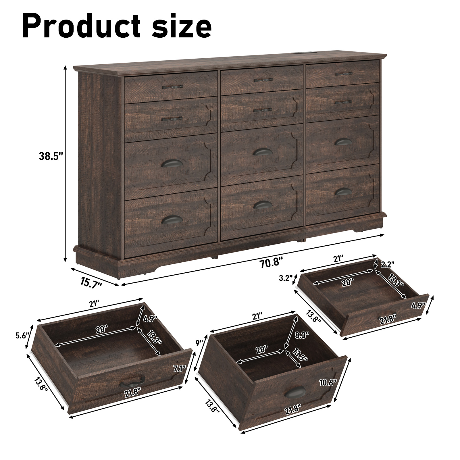 Blotout 70" Large Long Dresser with Deep Drawers, Farmhouse 12 Drawer Dresser for Bedroom, Wide Wood Chest of Drawers with Power Outlets