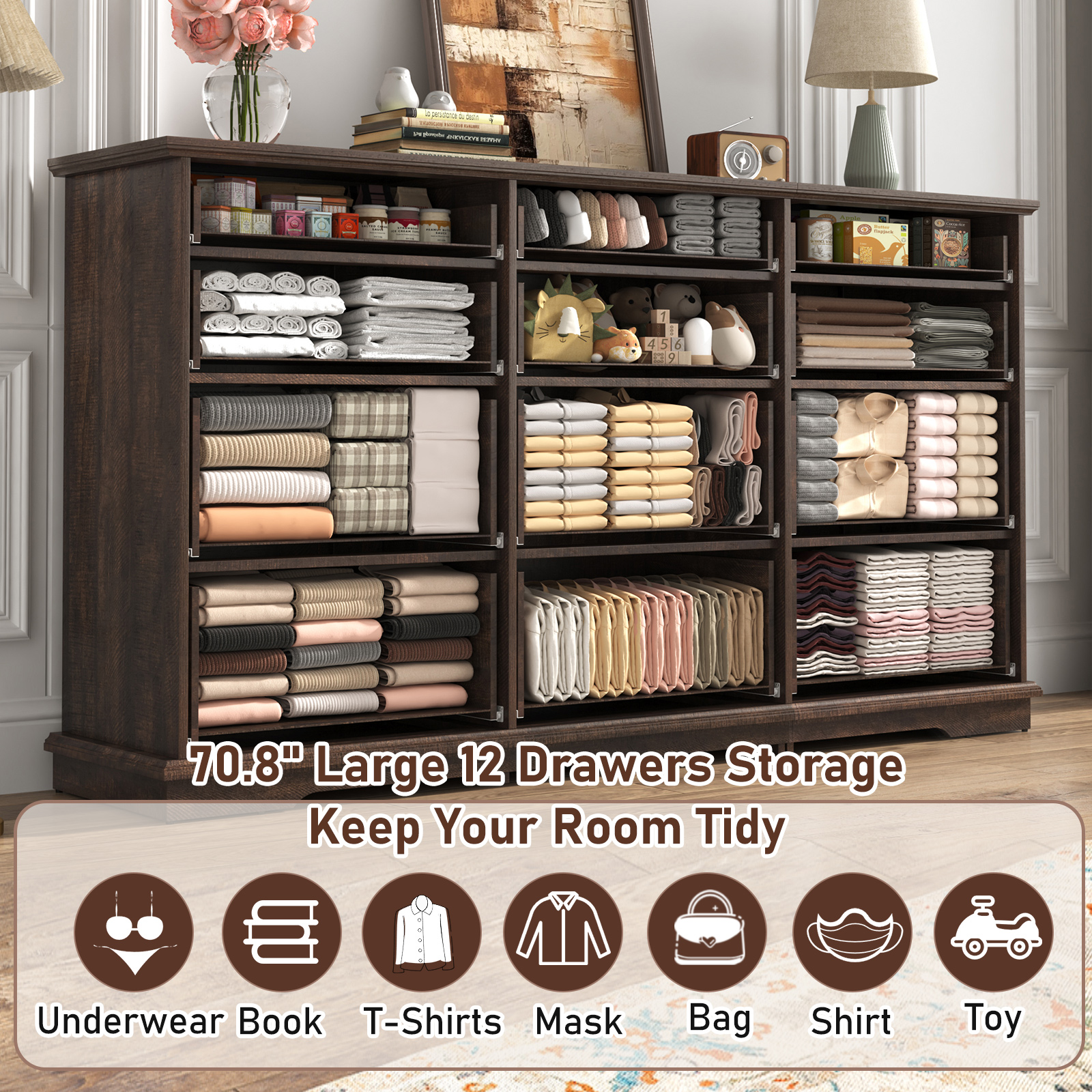 Blotout 70" Large Long Dresser with Deep Drawers, Farmhouse 12 Drawer Dresser for Bedroom, Wide Wood Chest of Drawers with Power Outlets