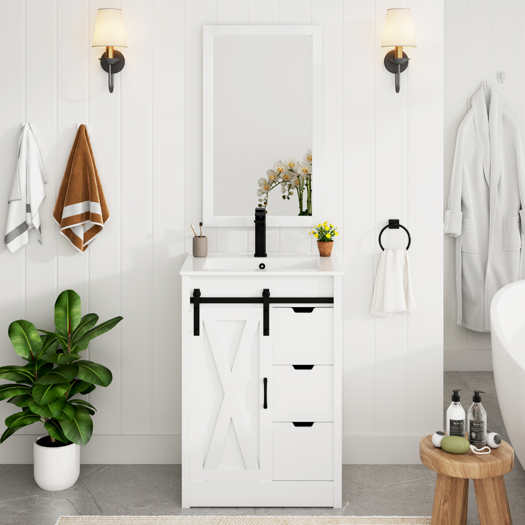 Blotout 24" Bathroom Vanity with Sink & Faucet & Mirror, Farmhouse Bathroom Vanity Cabinet Set with Sliding Barn Door & 3 Drawers, Freestanding Single Bath Storage Vanity Ceramic Sink, Grey