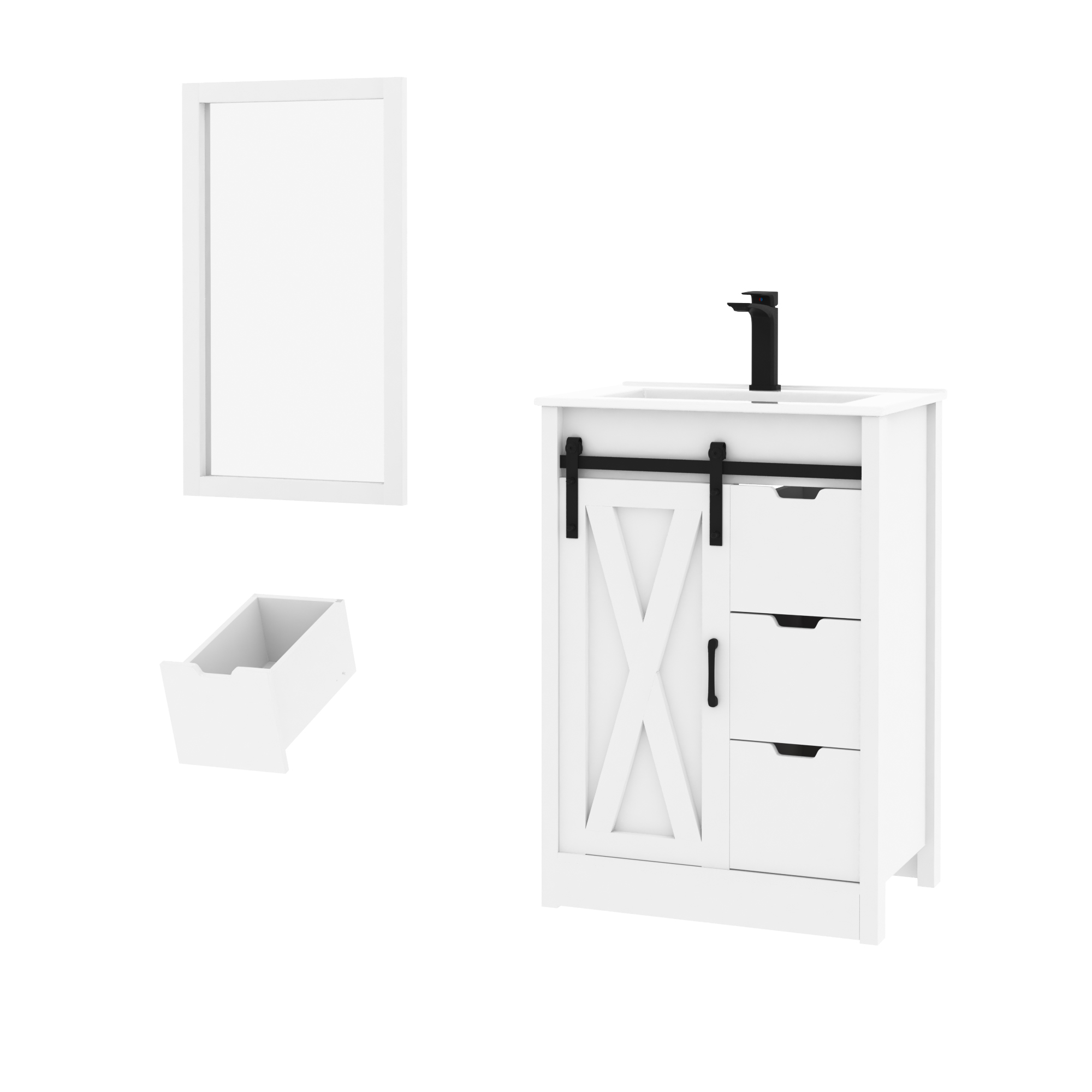 Blotout 24" Bathroom Vanity with Sink & Faucet & Mirror, Farmhouse Bathroom Vanity Cabinet Set with Sliding Barn Door & 3 Drawers, Freestanding Single Bath Storage Vanity Ceramic Sink, Grey