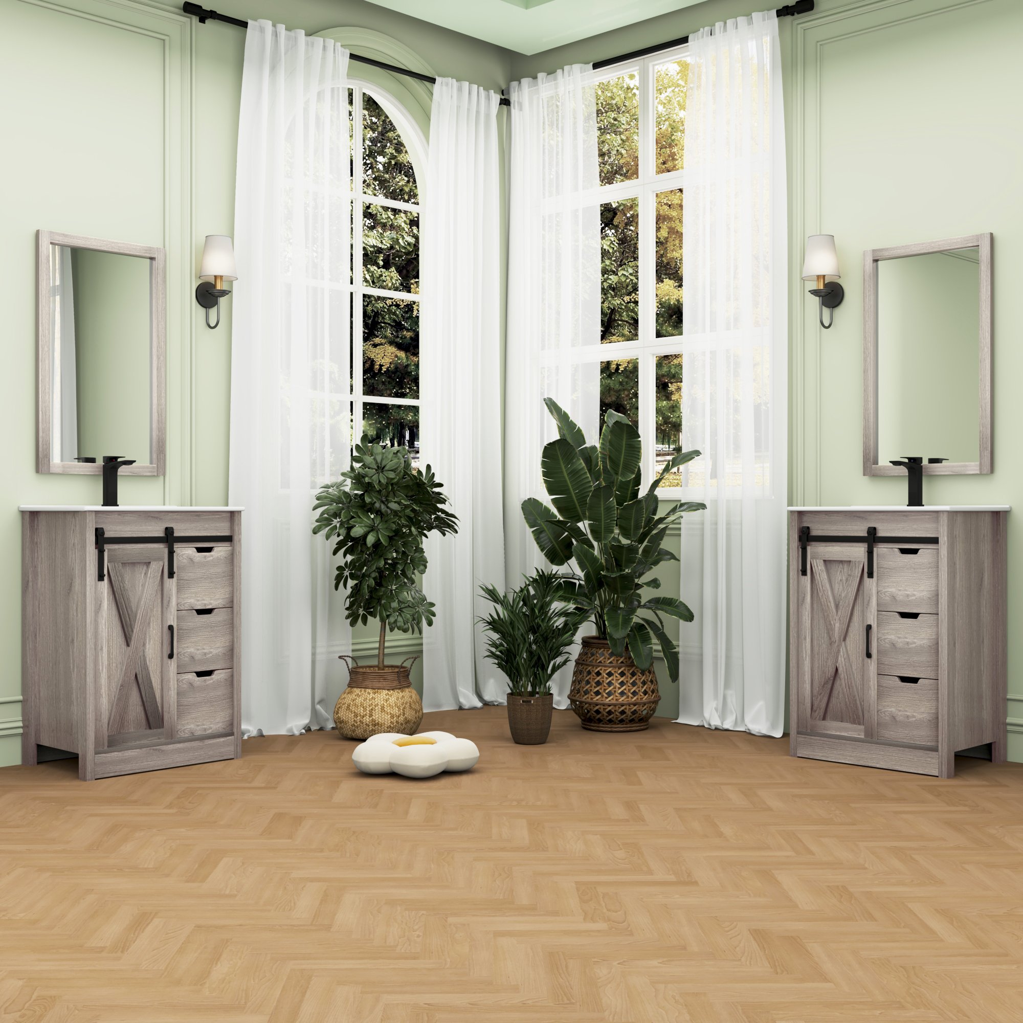 Blotout 24" Bathroom Vanity with Sink & Faucet & Mirror, Farmhouse Bathroom Vanity Cabinet Set with Sliding Barn Door & 3 Drawers, Freestanding Single Bath Storage Vanity Ceramic Sink, Grey