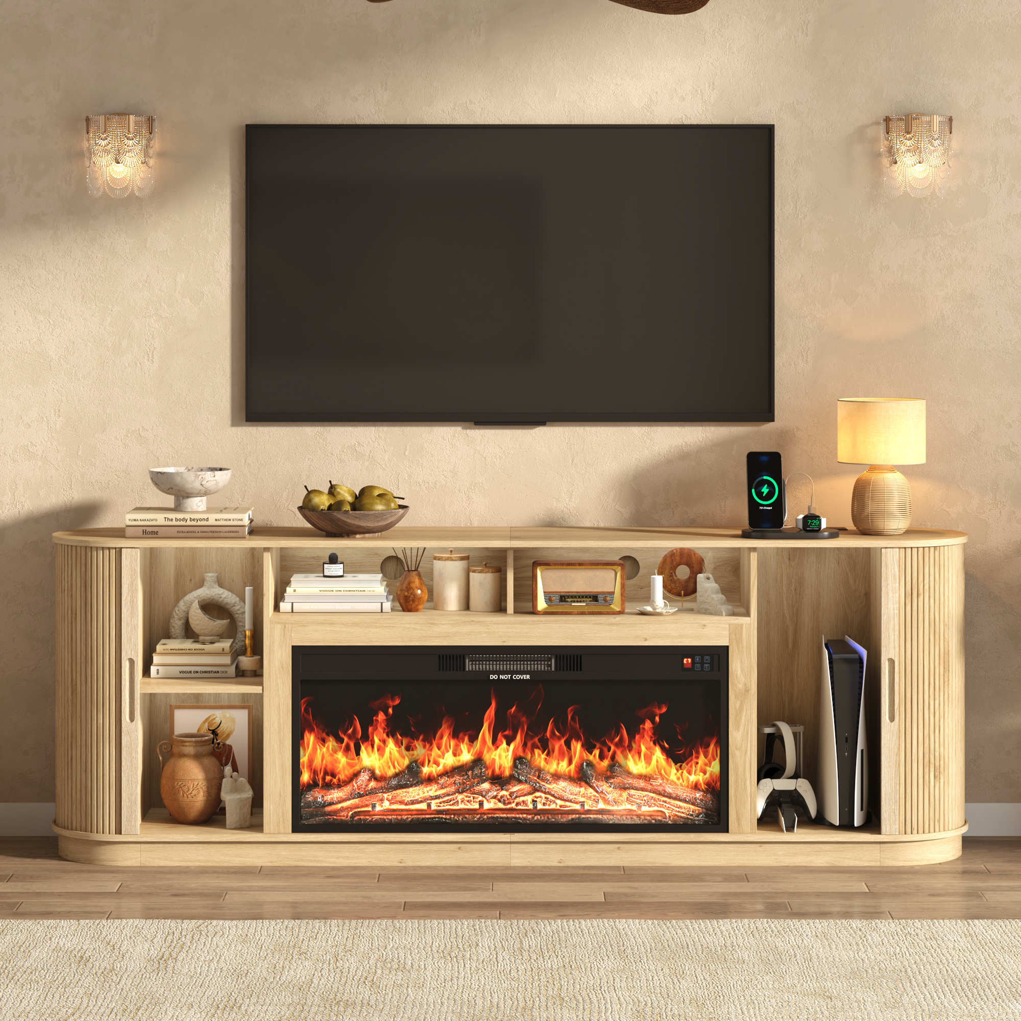 Blotout 86" Fireplace TV Stand for TVs Up to 95" with 40" Electric Fireplace, Mid-Century Entertainment Center with Power Outlet & Sliding Doors, Curved Reeded Media Console Cabinet
