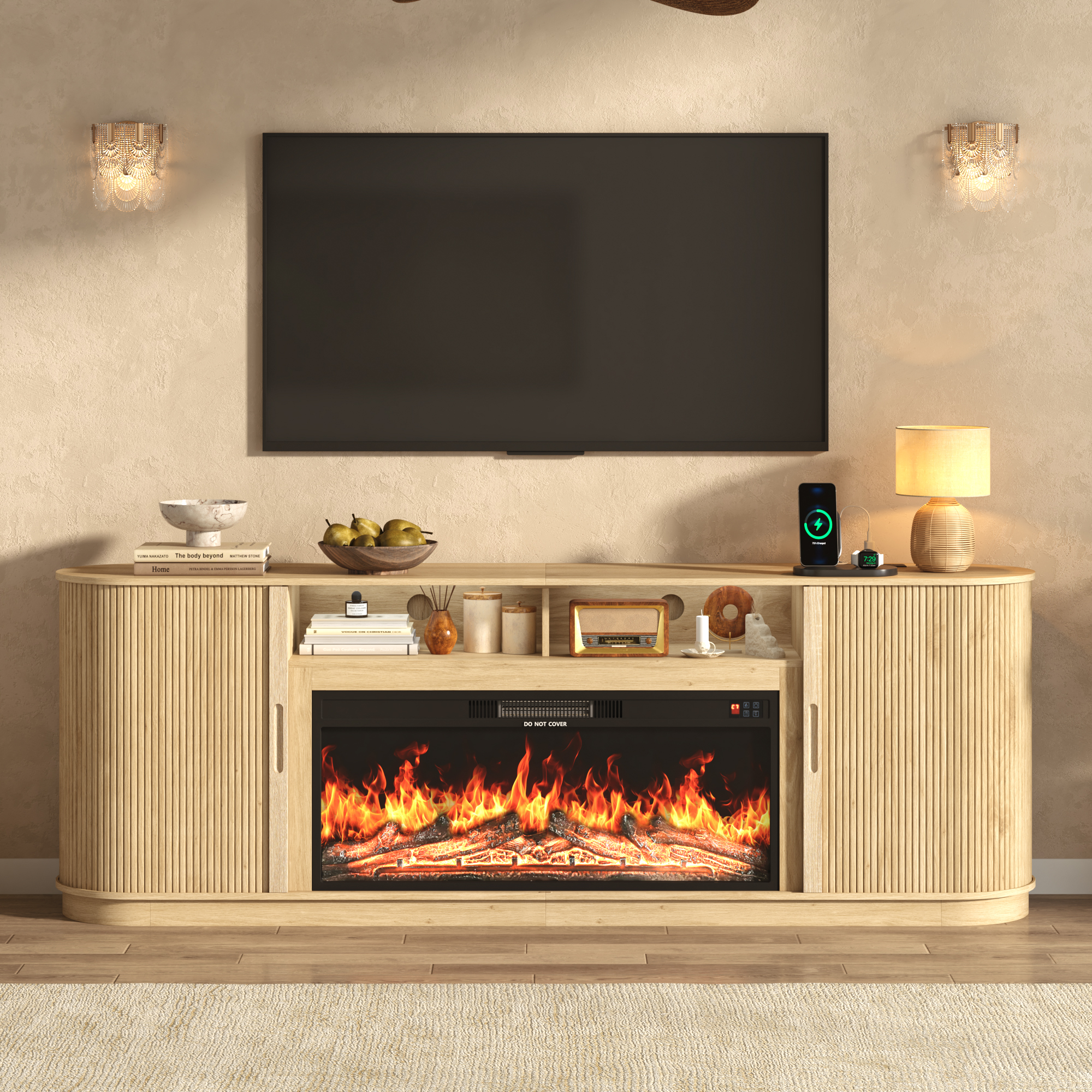Blotout 86" Fireplace TV Stand for TVs Up to 95" with 40" Electric Fireplace, Mid-Century Entertainment Center with Power Outlet & Sliding Doors, Curved Reeded Media Console Cabinet