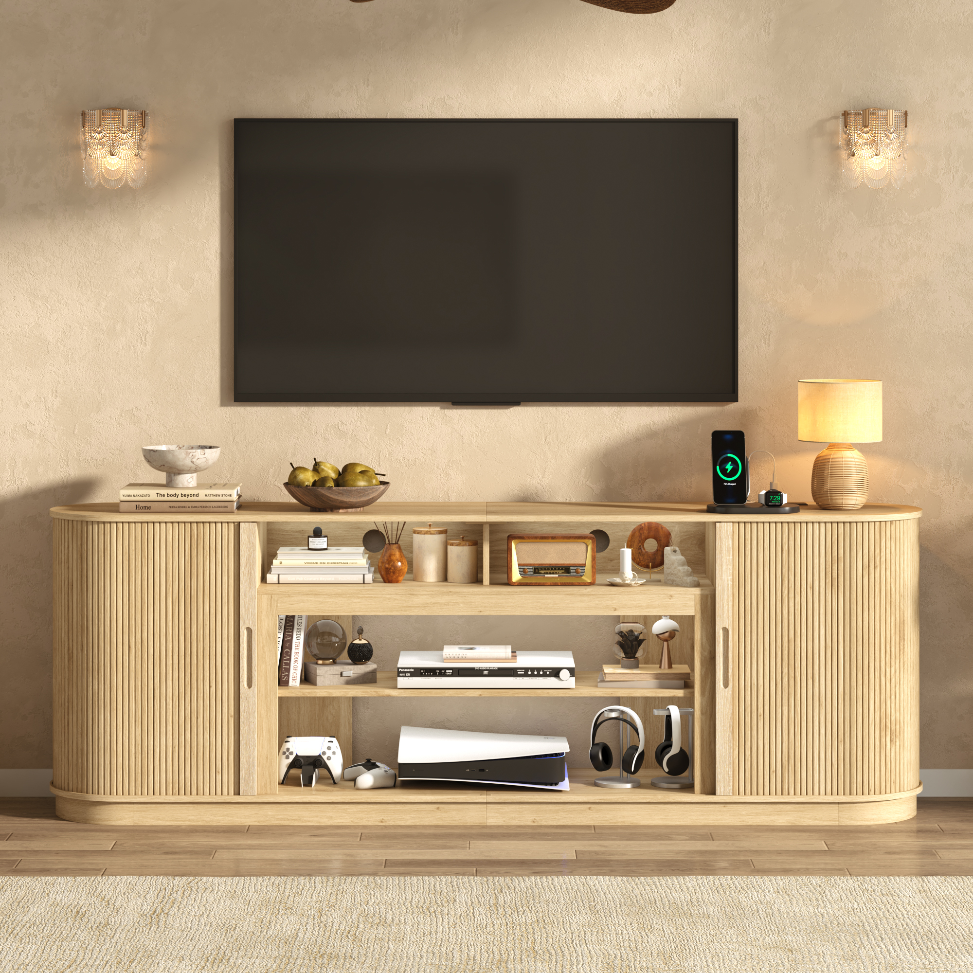 Blotout 86" Fireplace TV Stand for TVs Up to 95" with 40" Electric Fireplace, Mid-Century Entertainment Center with Power Outlet & Sliding Doors, Curved Reeded Media Console Cabinet