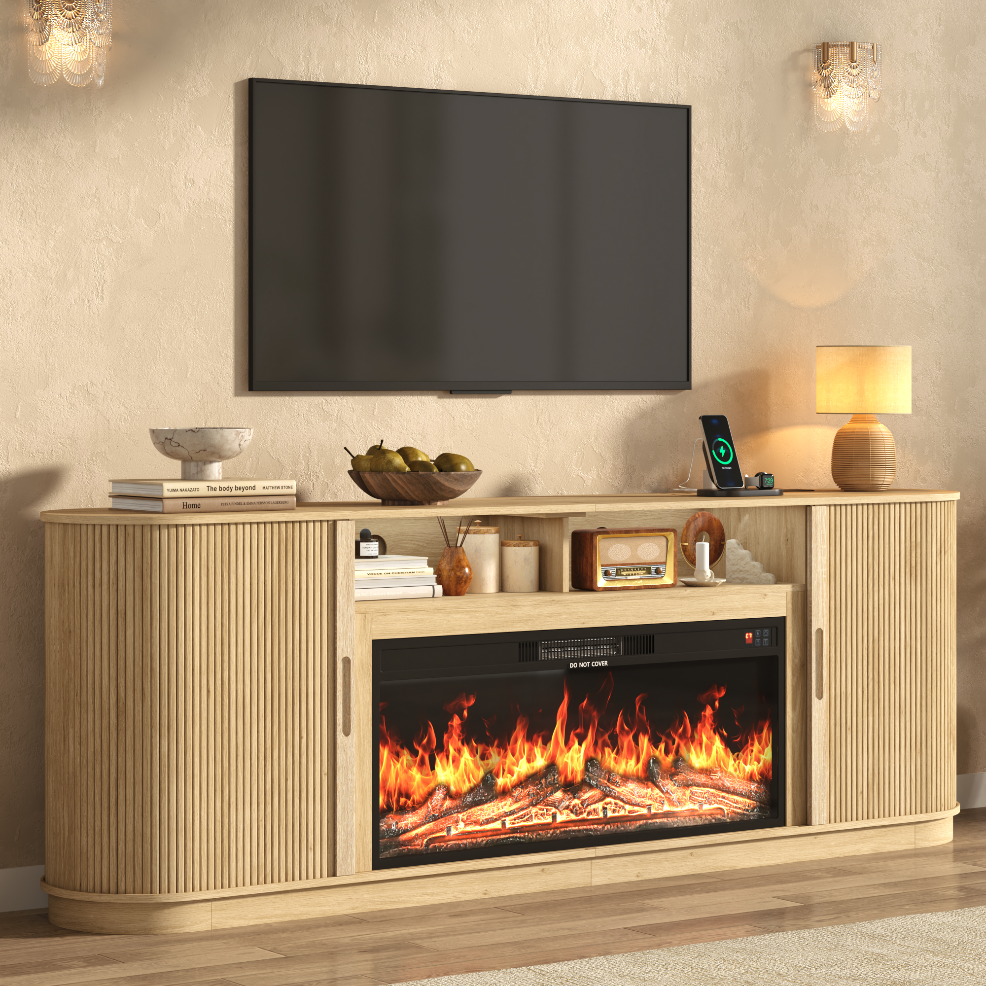 Blotout 86" Fireplace TV Stand for TVs Up to 95" with 40" Electric Fireplace, Mid-Century Entertainment Center with Power Outlet & Sliding Doors, Curved Reeded Media Console Cabinet