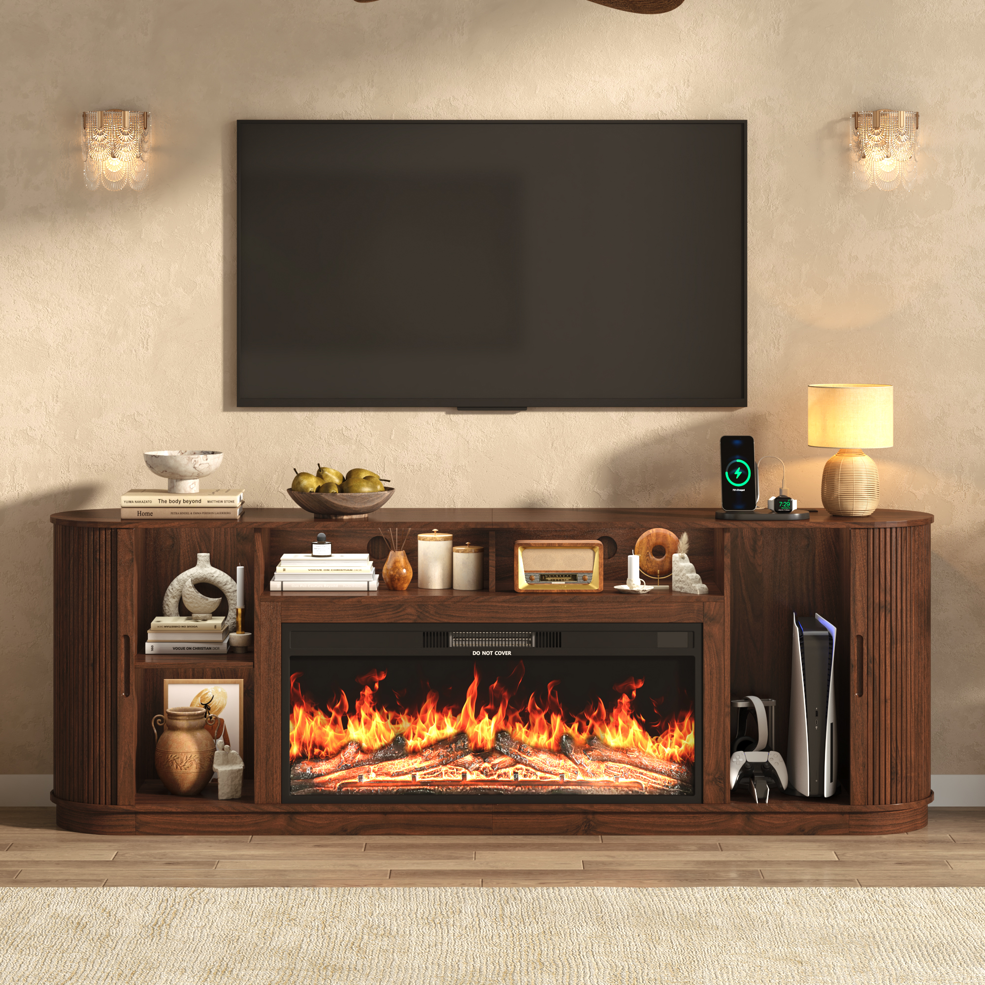 Blotout 86" Fireplace TV Stand for TVs Up to 95" with 40" Electric Fireplace, Mid-Century Entertainment Center with Power Outlet & Sliding Doors, Curved Reeded Media Console Cabinet