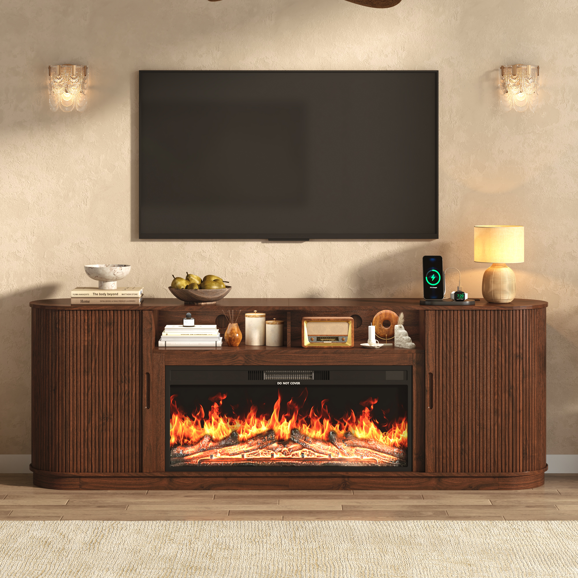 Blotout 86" Fireplace TV Stand for TVs Up to 95" with 40" Electric Fireplace, Mid-Century Entertainment Center with Power Outlet & Sliding Doors, Curved Reeded Media Console Cabinet