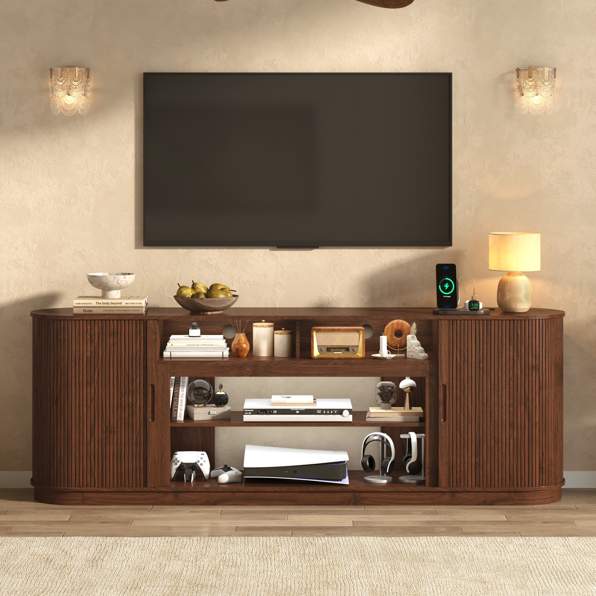 Blotout 86" Fireplace TV Stand for TVs Up to 95" with 40" Electric Fireplace, Mid-Century Entertainment Center with Power Outlet & Sliding Doors, Curved Reeded Media Console Cabinet