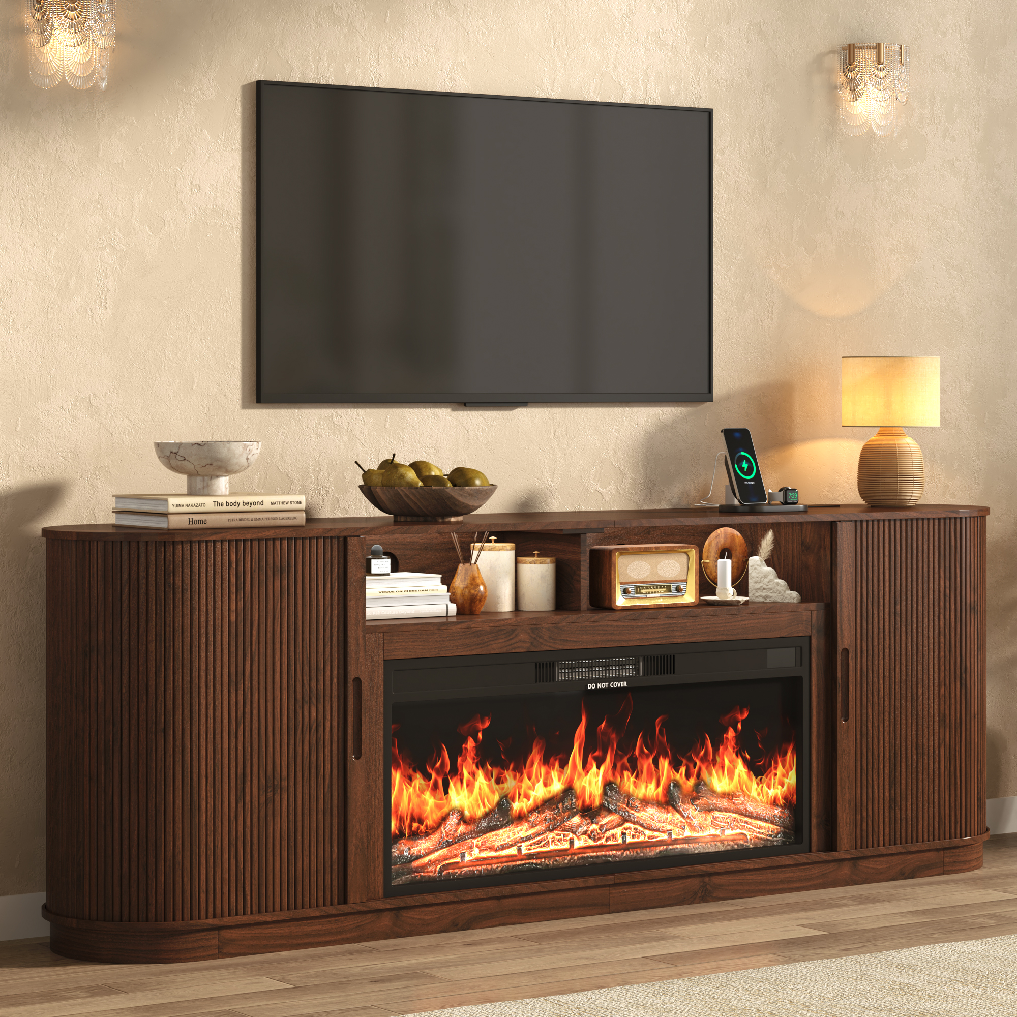 Blotout 86" Fireplace TV Stand for TVs Up to 95" with 40" Electric Fireplace, Mid-Century Entertainment Center with Power Outlet & Sliding Doors, Curved Reeded Media Console Cabinet