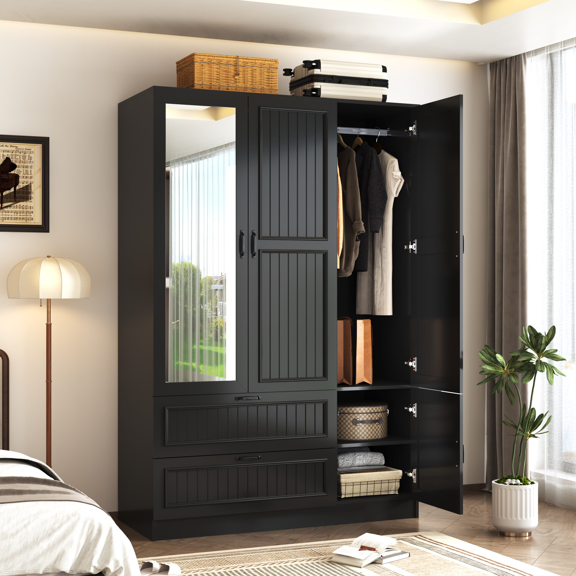 ANPOO Mid-Century Modern Vertical Grooved Bedroom Armoire, 3 Door Freestanding Wardrobe Closet with Mirrors, Motion Sensor LED Lights, 70.3" Tall Wooden Storage Cabinet with Drawers & Shelves