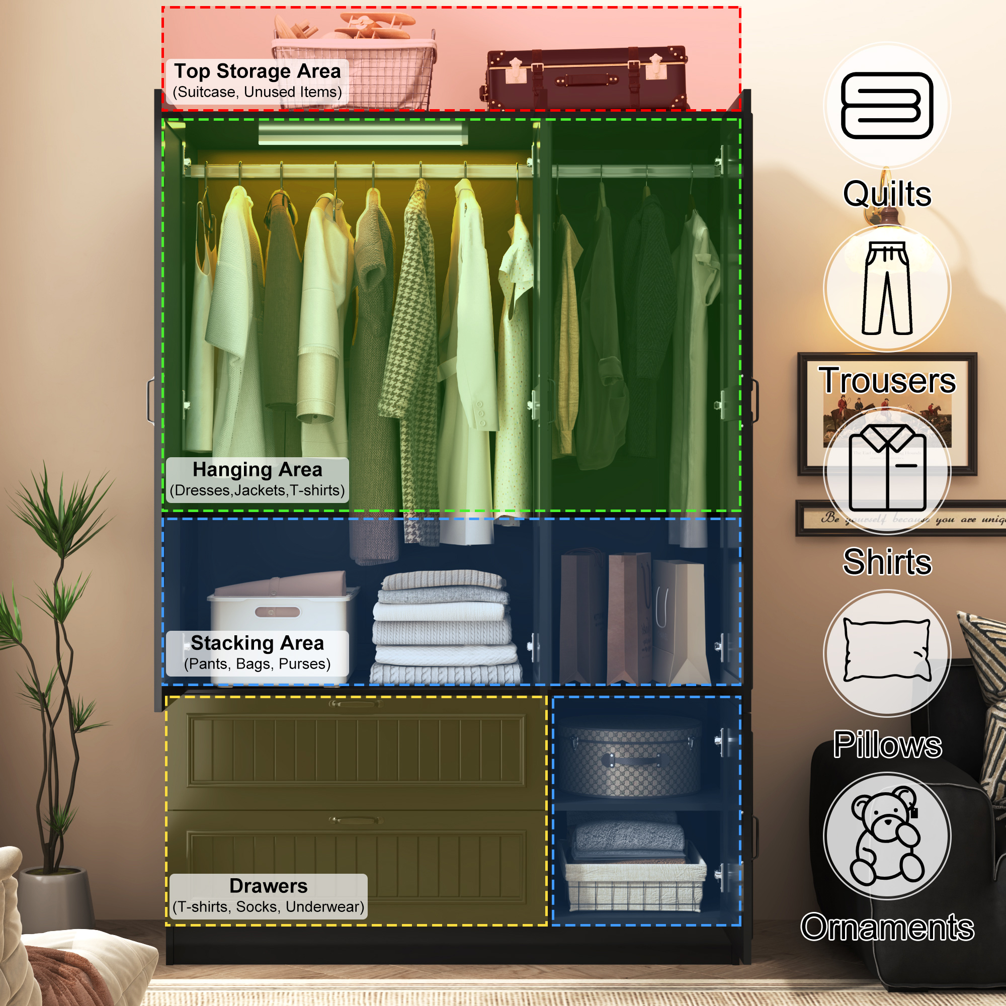 ANPOO Mid-Century Modern Vertical Grooved Bedroom Armoire, 3 Door Freestanding Wardrobe Closet with Mirrors, Motion Sensor LED Lights, 70.3" Tall Wooden Storage Cabinet with Drawers & Shelves