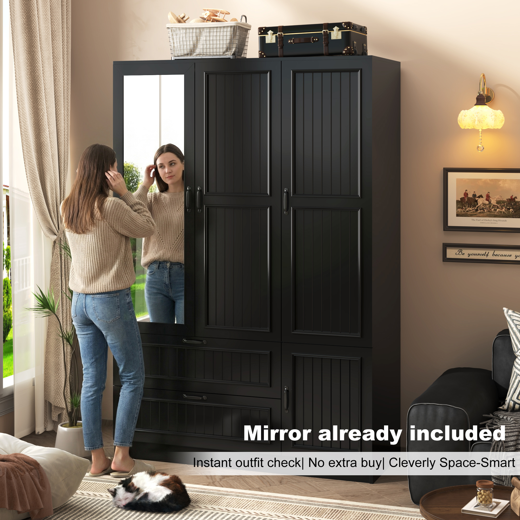 ANPOO Mid-Century Modern Vertical Grooved Bedroom Armoire, 3 Door Freestanding Wardrobe Closet with Mirrors, Motion Sensor LED Lights, 70.3" Tall Wooden Storage Cabinet with Drawers & Shelves