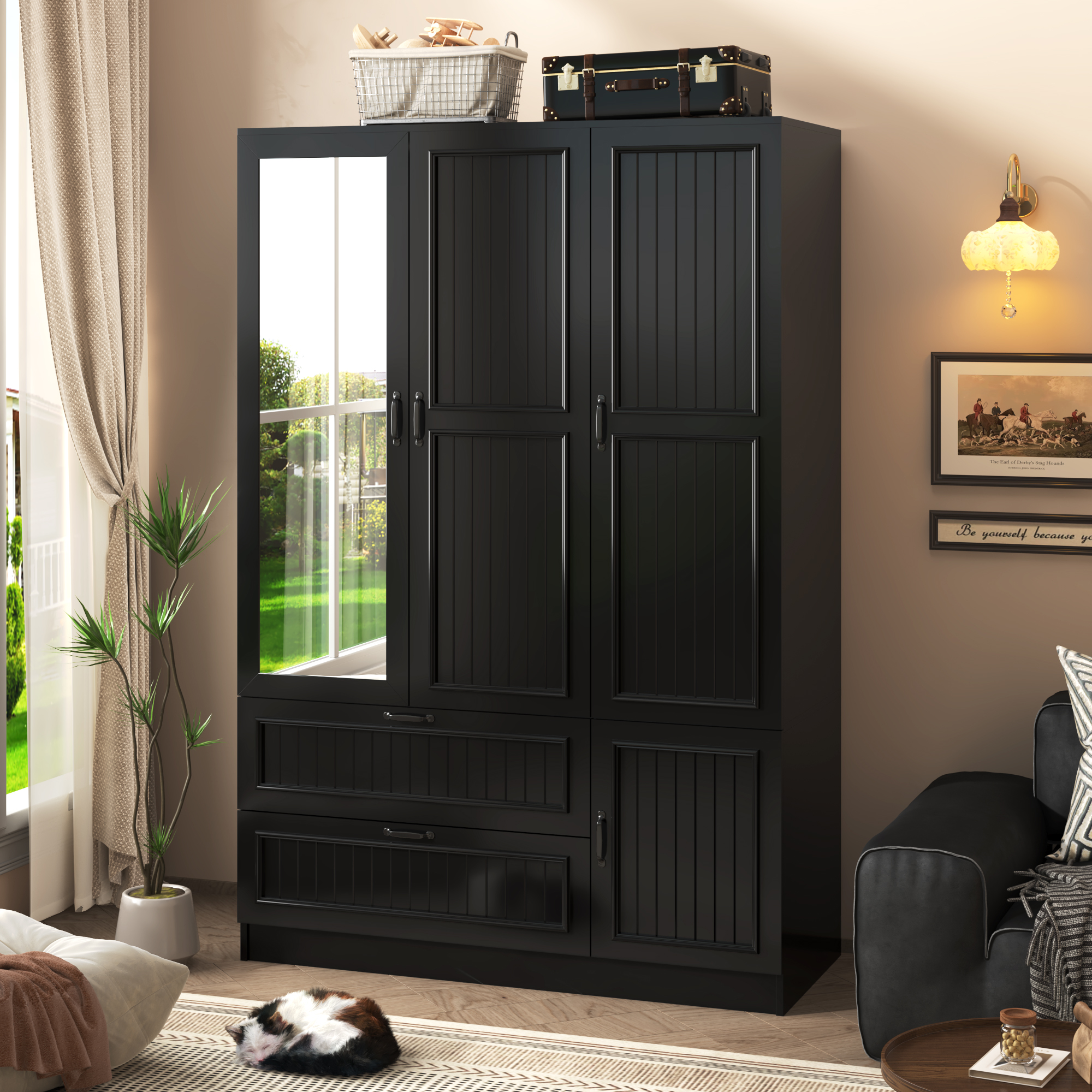 ANPOO Mid-Century Modern Vertical Grooved Bedroom Armoire, 3 Door Freestanding Wardrobe Closet with Mirrors, Motion Sensor LED Lights, 70.3" Tall Wooden Storage Cabinet with Drawers & Shelves