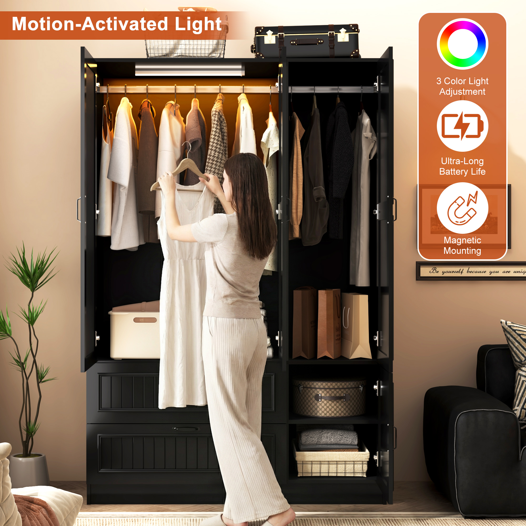 ANPOO Mid-Century Modern Vertical Grooved Bedroom Armoire, 3 Door Freestanding Wardrobe Closet with Mirrors, Motion Sensor LED Lights, 70.3" Tall Wooden Storage Cabinet with Drawers & Shelves