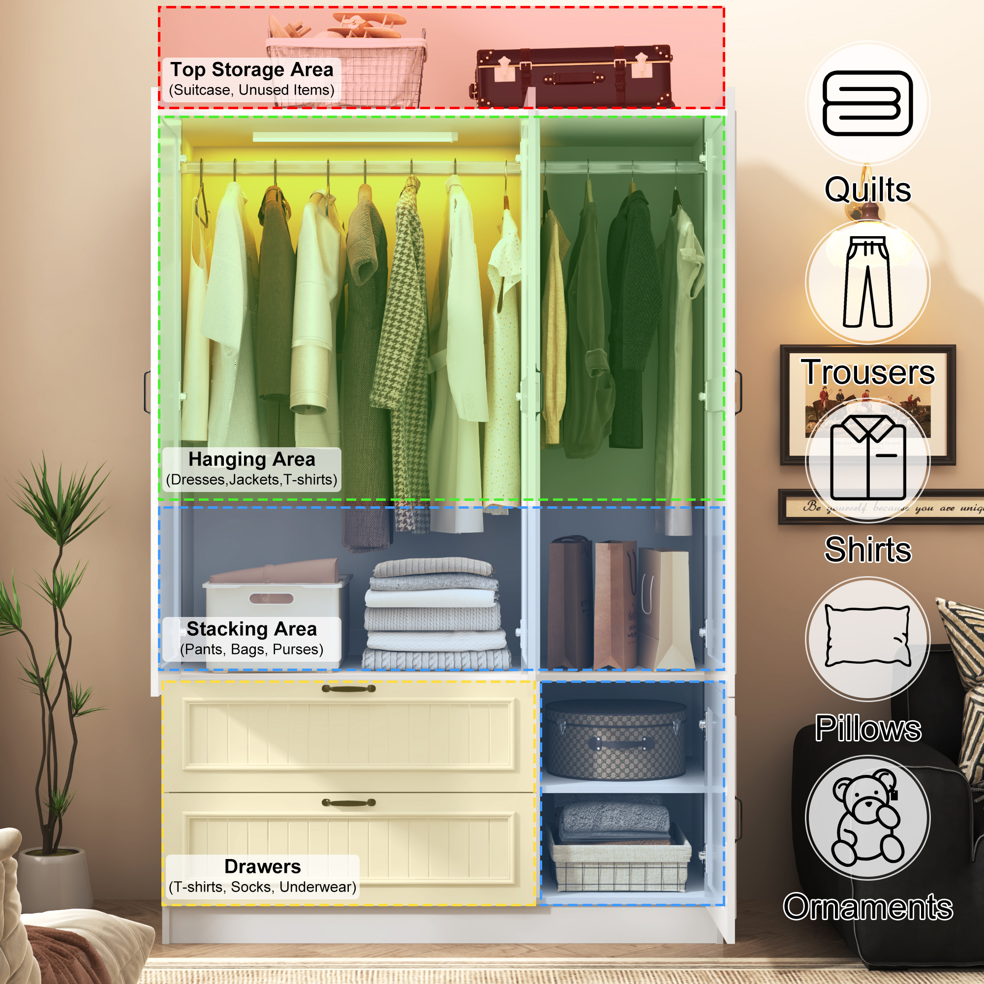 ANPOO Mid-Century Modern Vertical Grooved Bedroom Armoire, 3 Door Freestanding Wardrobe Closet with Mirrors, Motion Sensor LED Lights, 70.3" Tall Wooden Storage Cabinet with Drawers & Shelves