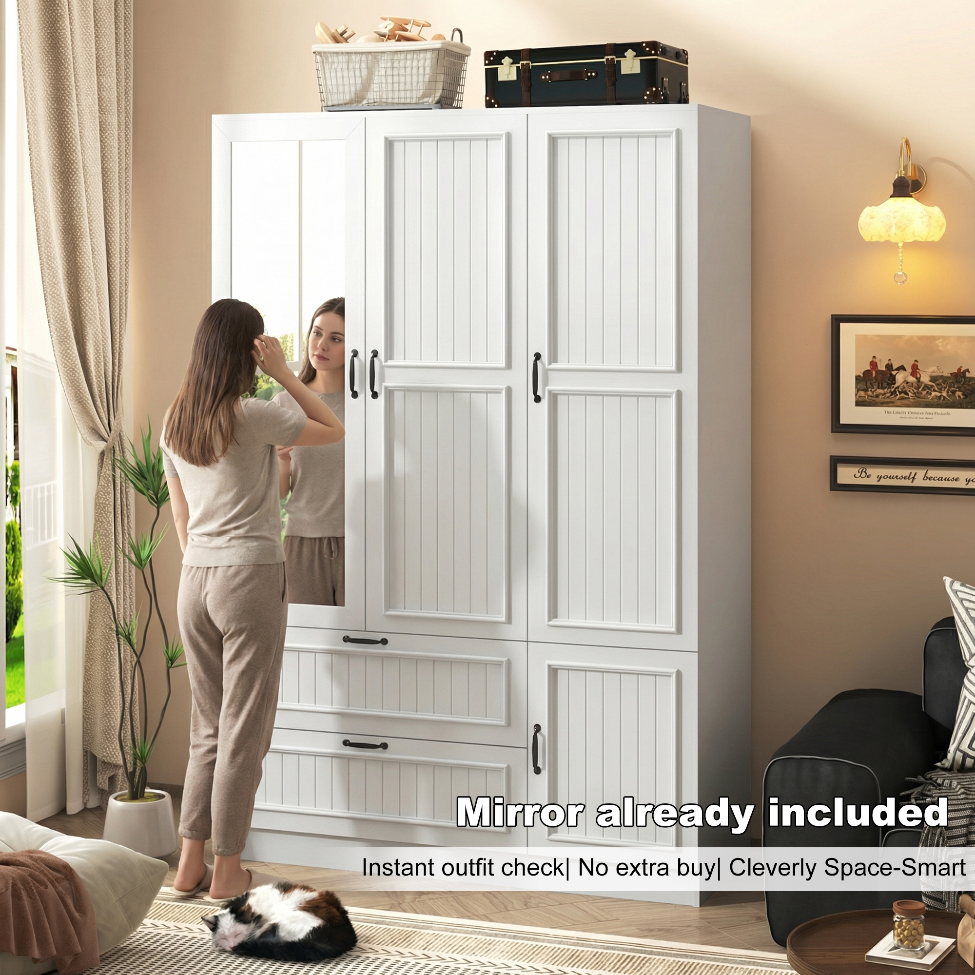 ANPOO Mid-Century Modern Vertical Grooved Bedroom Armoire, 3 Door Freestanding Wardrobe Closet with Mirrors, Motion Sensor LED Lights, 70.3" Tall Wooden Storage Cabinet with Drawers & Shelves