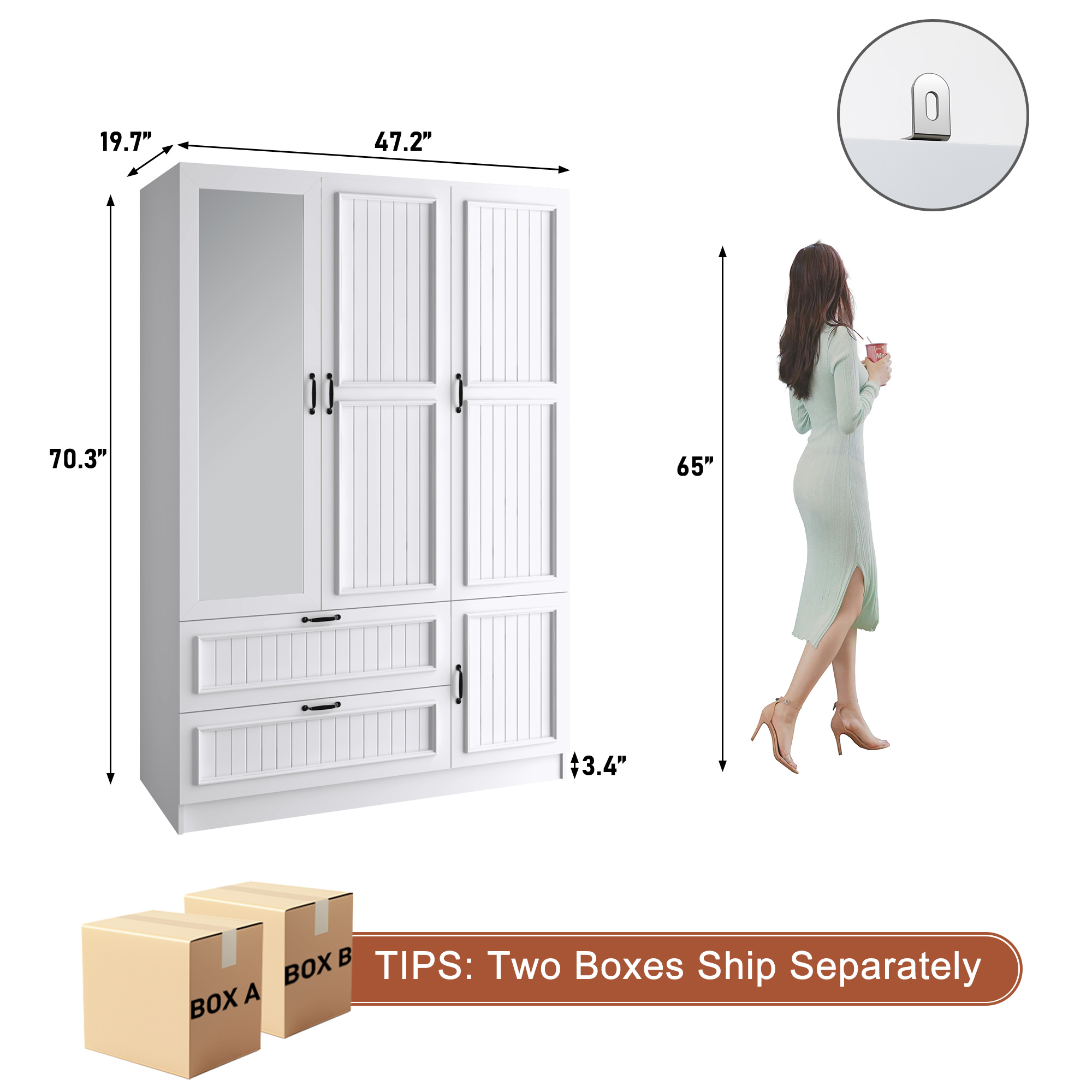 ANPOO Mid-Century Modern Vertical Grooved Bedroom Armoire, 3 Door Freestanding Wardrobe Closet with Mirrors, Motion Sensor LED Lights, 70.3" Tall Wooden Storage Cabinet with Drawers & Shelves