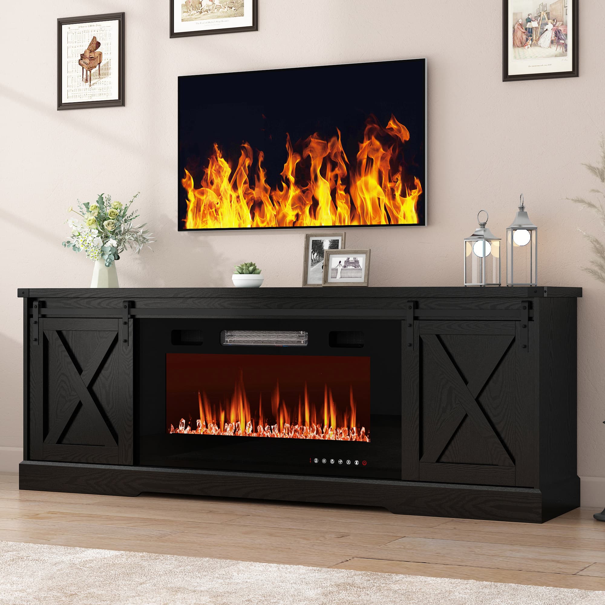 Farmhouse TV Stand with 36” Fireplace for 70/75/80 Inch TVs