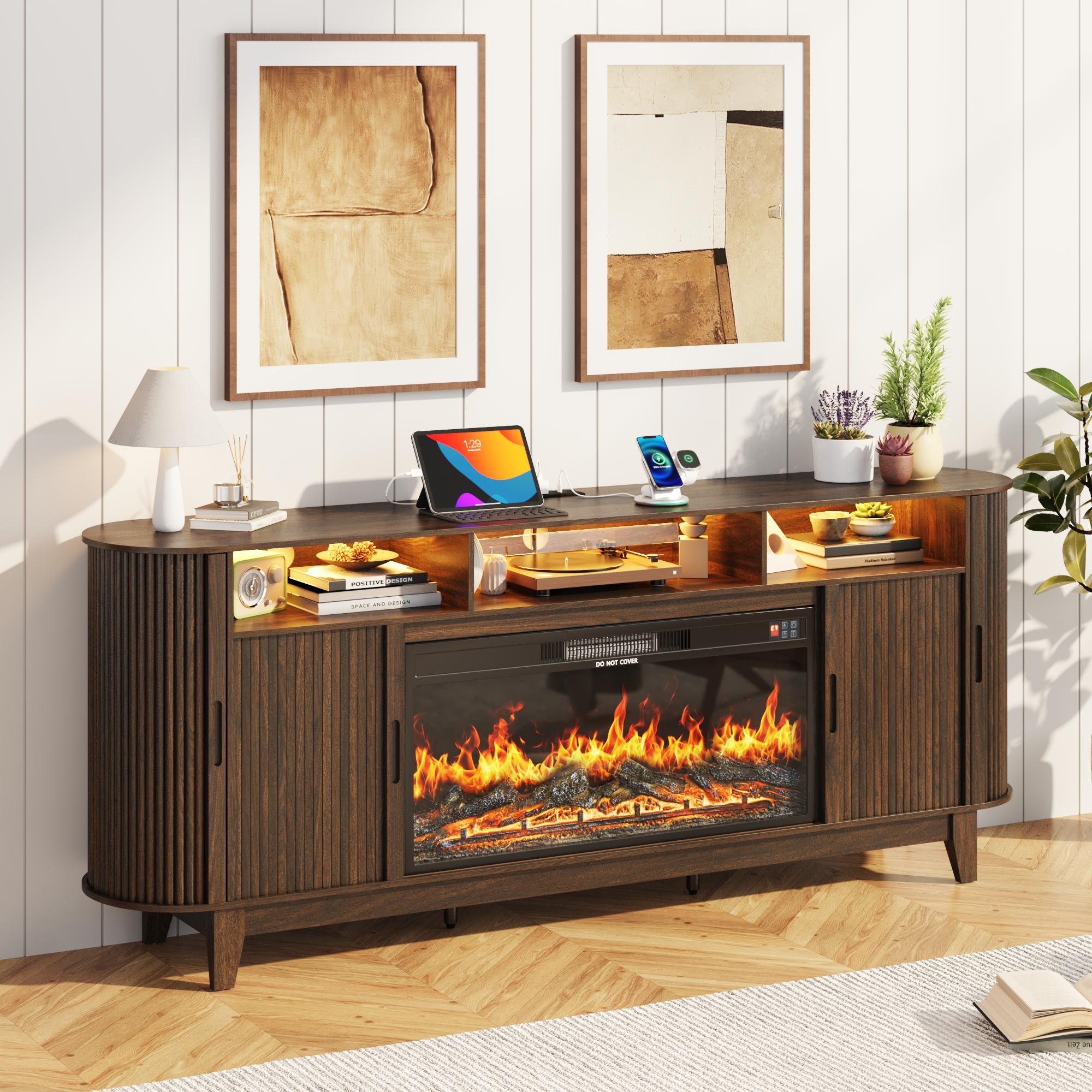 Blotout 81'' LED Fireplace TV Stand with 36'' Fireplace & Power Outlet for 85/90''TV, Modern Entertainment Center with Fluted Sliding Door & Curved Side Cabinets, Wooden Media Console for Living Room