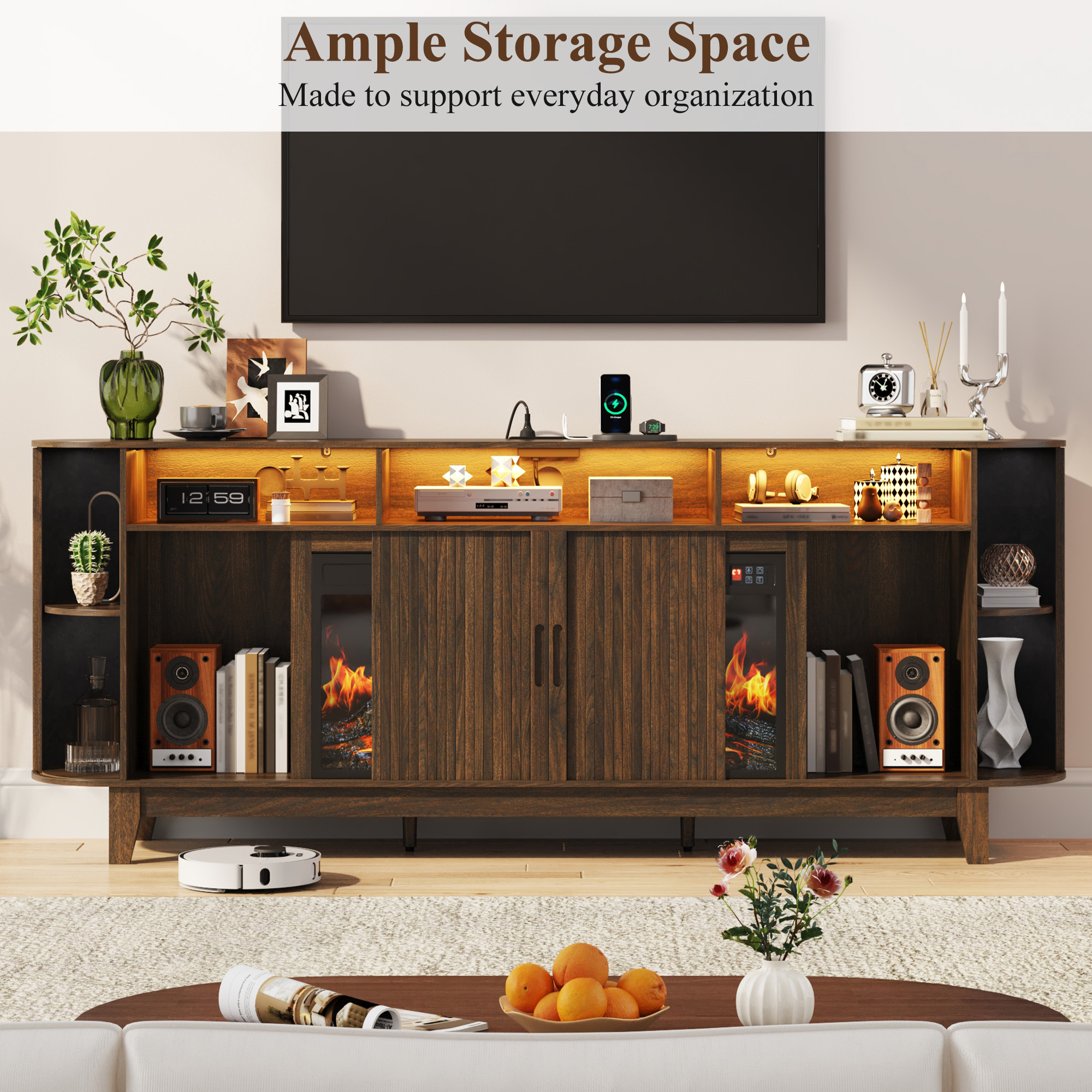 Blotout 81'' LED Fireplace TV Stand with 36'' Fireplace & Power Outlet for 85/90''TV, Modern Entertainment Center with Fluted Sliding Door & Curved Side Cabinets, Wooden Media Console for Living Room