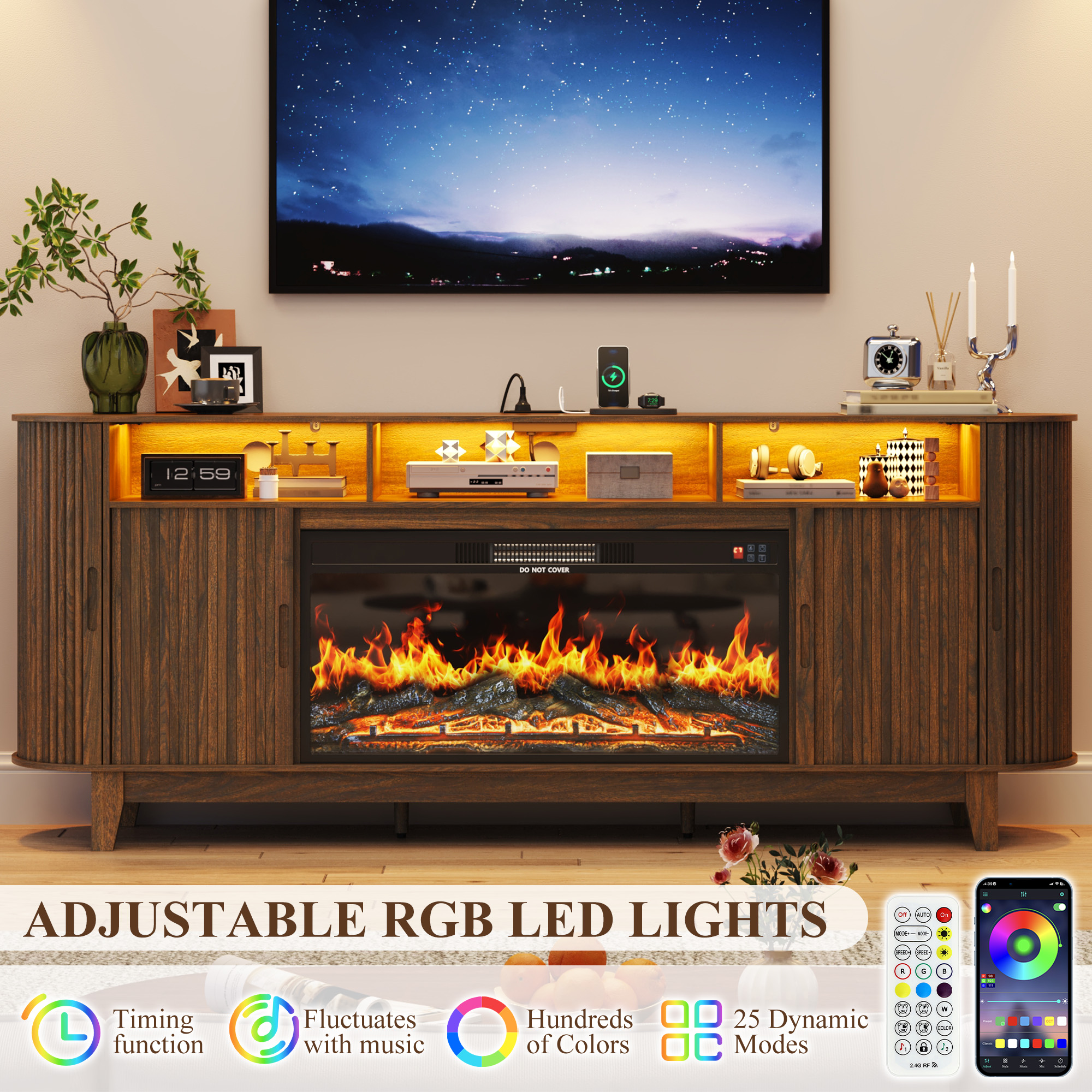 Blotout 81'' LED Fireplace TV Stand with 36'' Fireplace & Power Outlet for 85/90''TV, Modern Entertainment Center with Fluted Sliding Door & Curved Side Cabinets, Wooden Media Console for Living Room