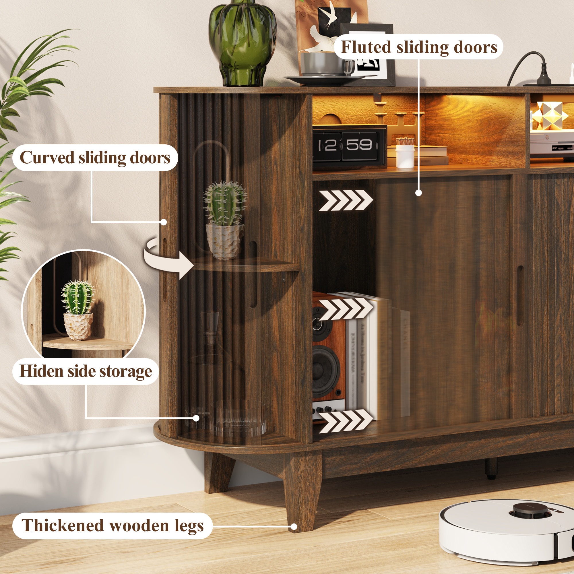 Blotout 81'' LED Fireplace TV Stand with 36'' Fireplace & Power Outlet for 85/90''TV, Modern Entertainment Center with Fluted Sliding Door & Curved Side Cabinets, Wooden Media Console for Living Room