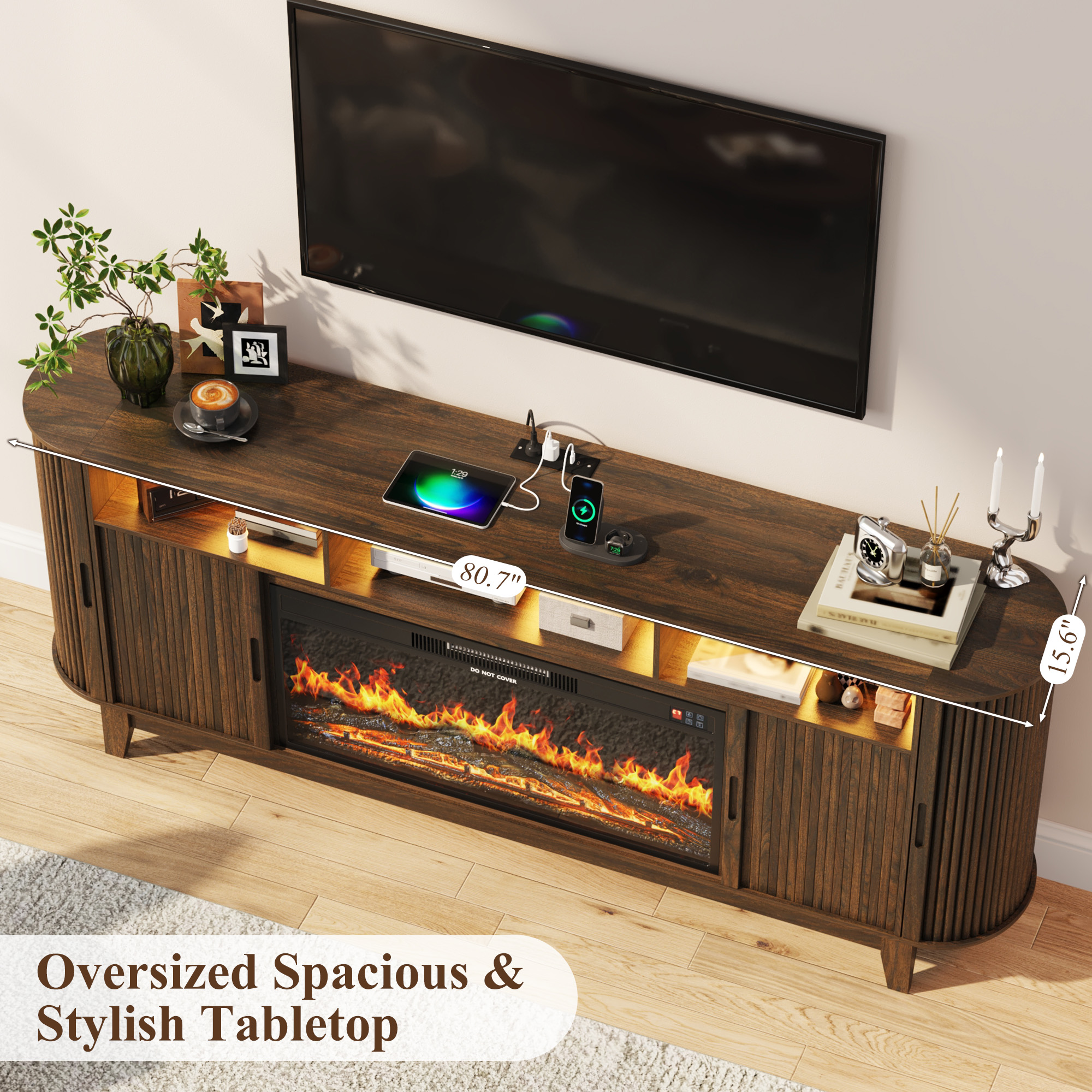 Blotout 81'' LED Fireplace TV Stand with 36'' Fireplace & Power Outlet for 85/90''TV, Modern Entertainment Center with Fluted Sliding Door & Curved Side Cabinets, Wooden Media Console for Living Room