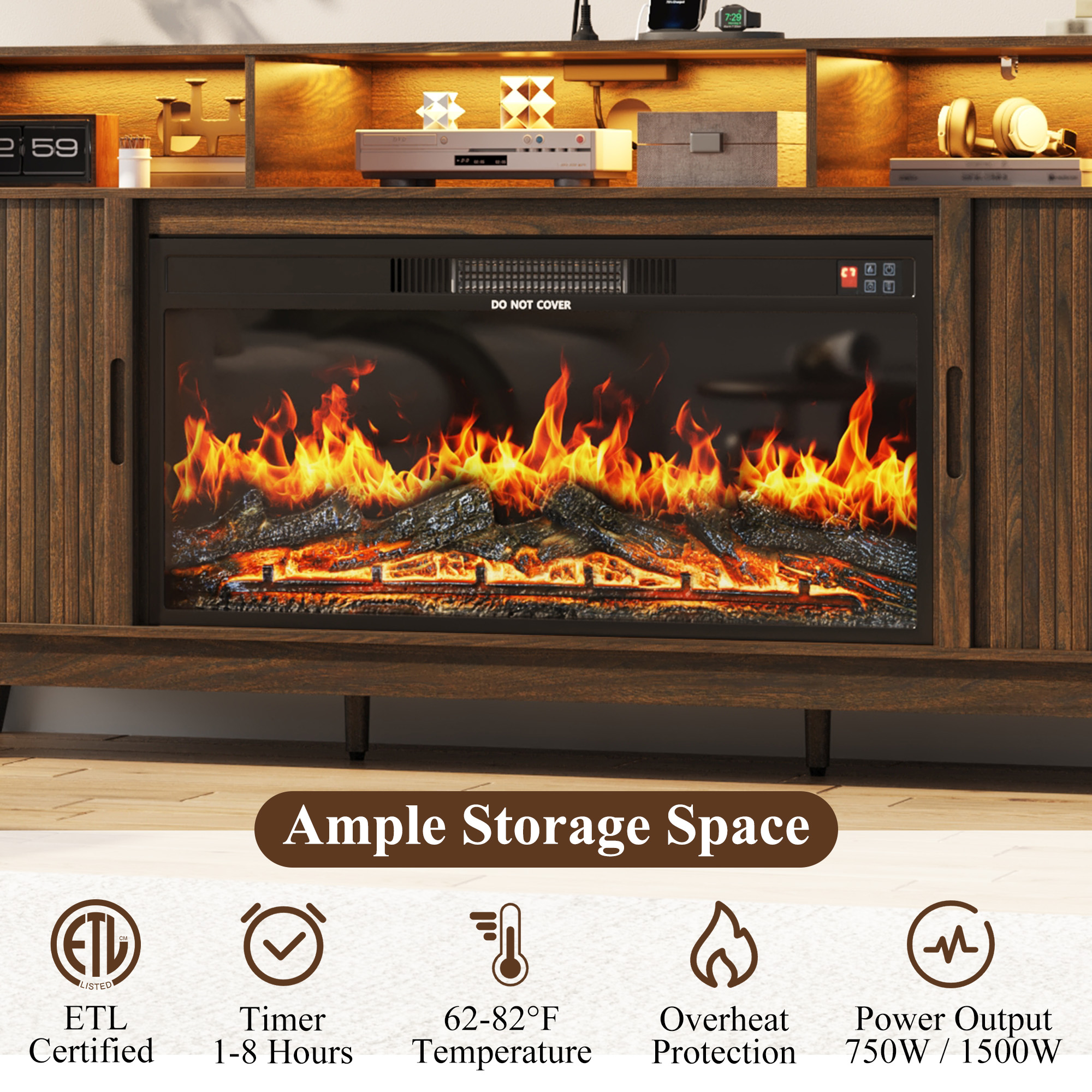 Blotout 81'' LED Fireplace TV Stand with 36'' Fireplace & Power Outlet for 85/90''TV, Modern Entertainment Center with Fluted Sliding Door & Curved Side Cabinets, Wooden Media Console for Living Room