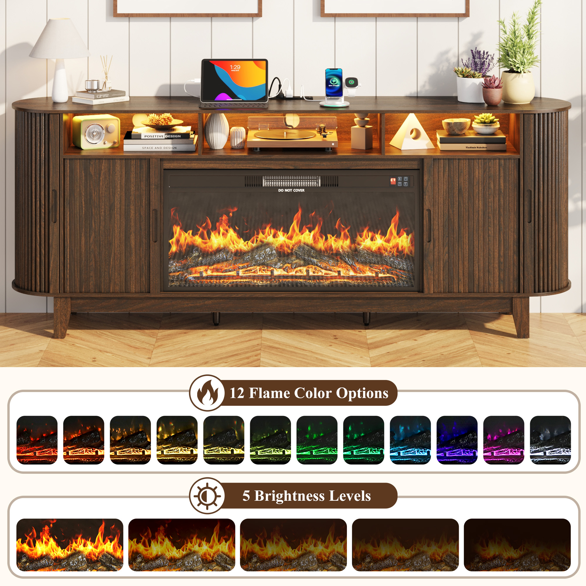 Blotout 81'' LED Fireplace TV Stand with 36'' Fireplace & Power Outlet for 85/90''TV, Modern Entertainment Center with Fluted Sliding Door & Curved Side Cabinets, Wooden Media Console for Living Room